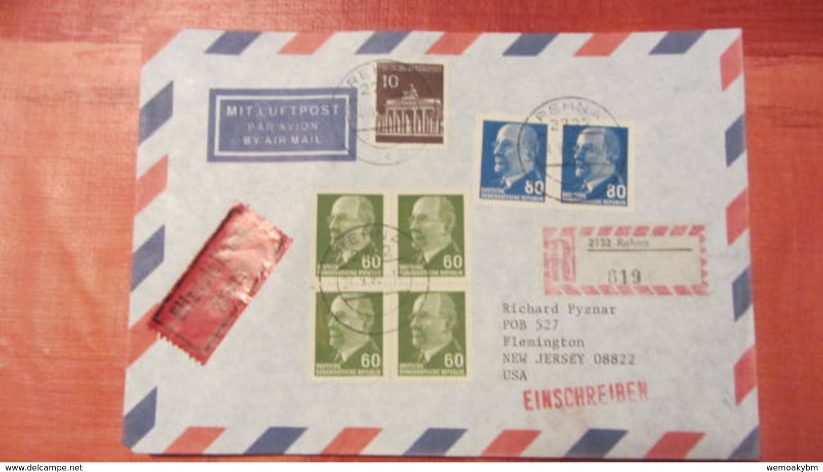 DDR-WU: R-Lp-Exp-Brief 60,80 Pf Ulbricht In MiF Mit Bund Portogenau Nach New Jersey USA Aus Rehna (619) Knr 1080(4)ua - Airmail