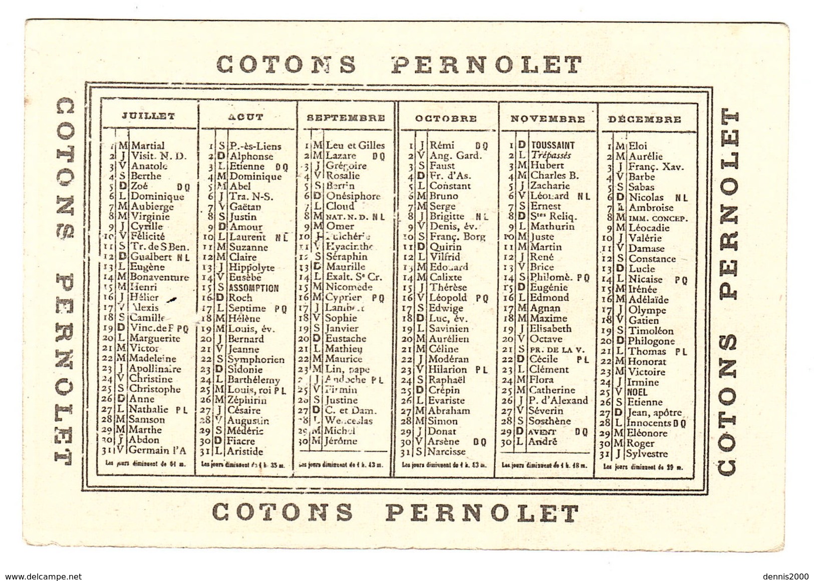 CALENDRIER Juillet Décembre Sans Année - ENFANT - BALANÇOIRE - BALANCE - PUB COTONS PERNOLET - Petit Format : ...-1900