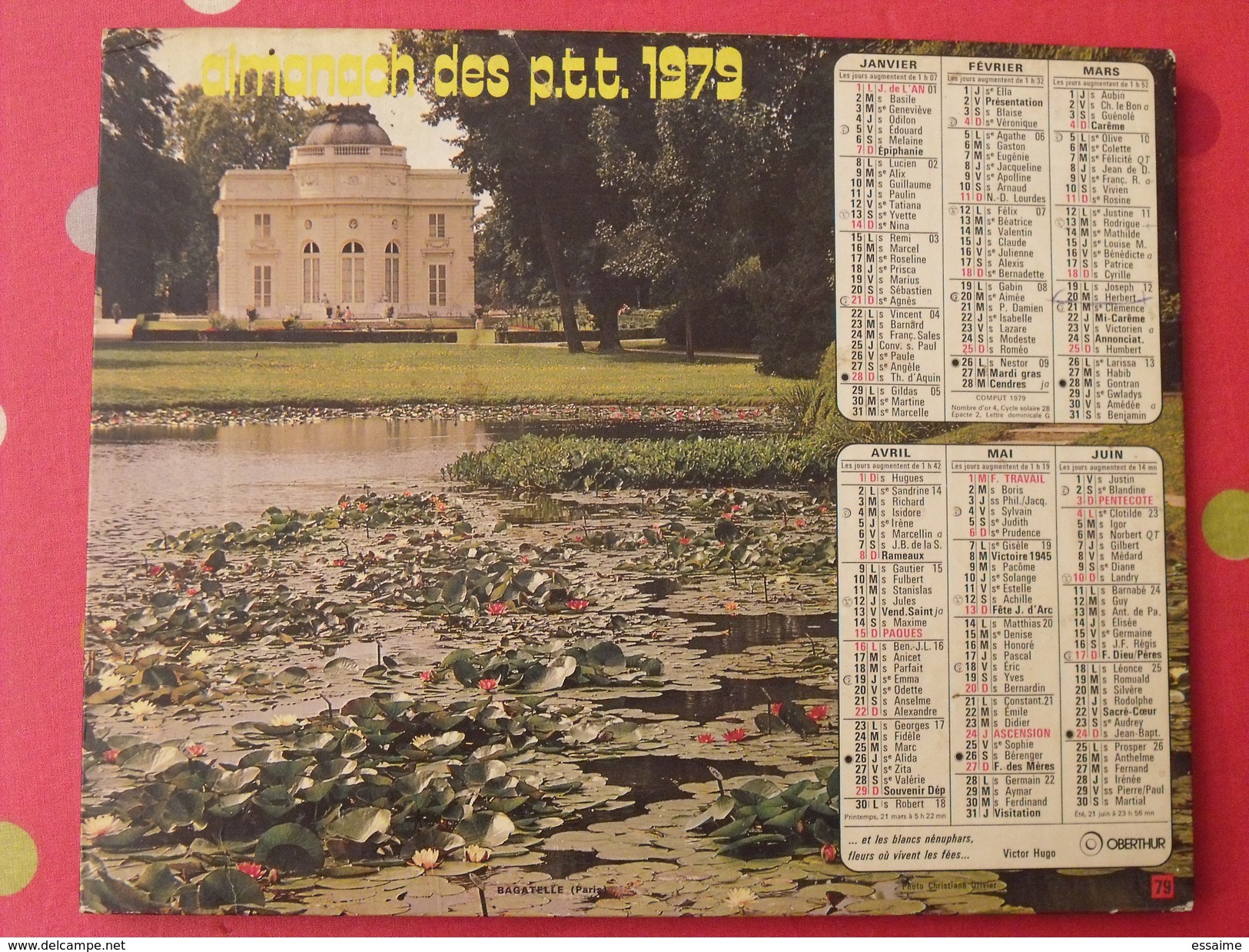 Almanach Des PTT. 1979. Calendrier Poste, Postes Télégraphes. Chateau Bagatelle - Groot Formaat: 1971-80