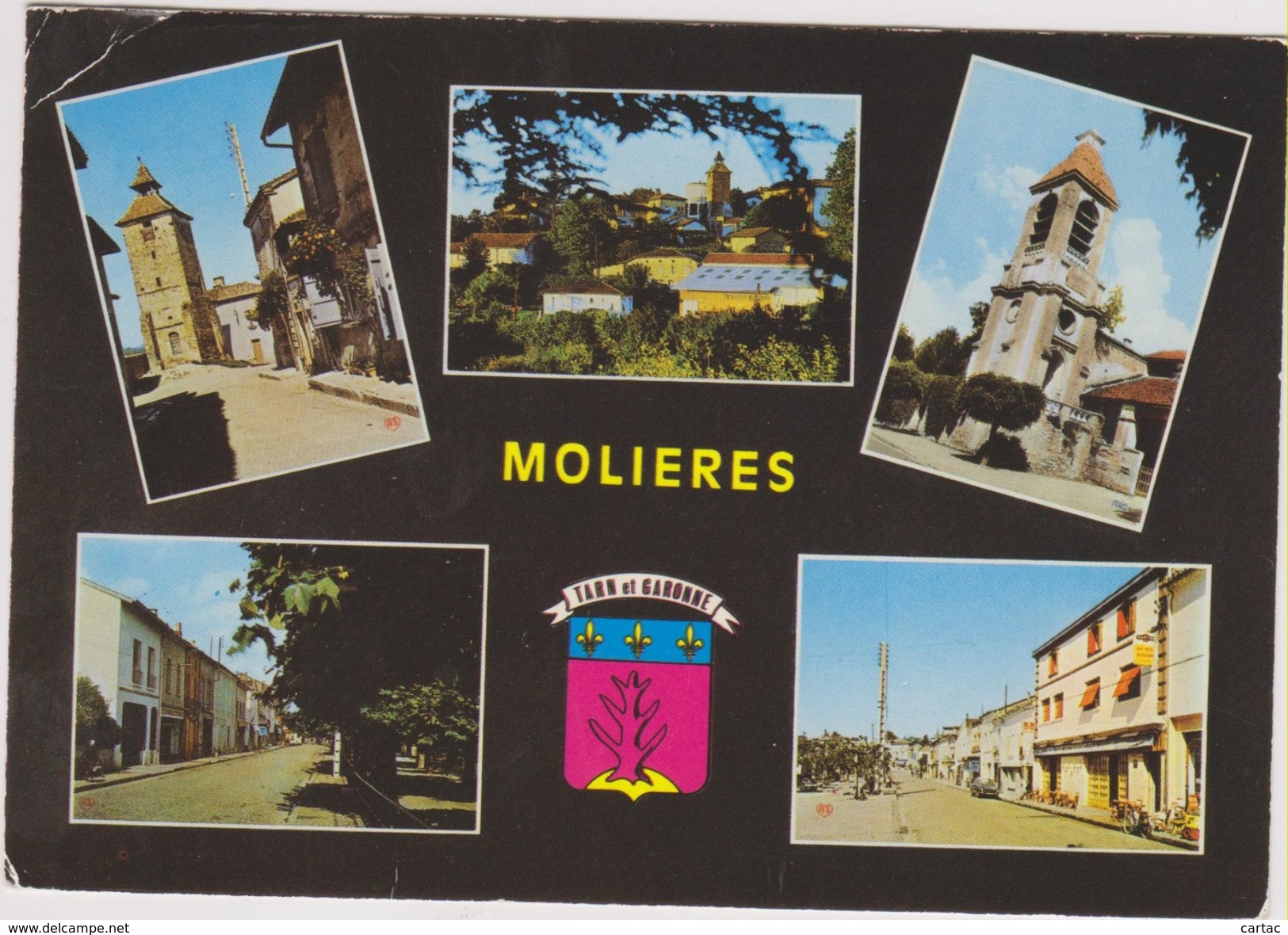 D82 - MOLIERES - VIELLE TOUR-VUE GENERALE-L'EGLISE-LA PROMENADE - MULTIVUES AVEC BLASON - CPSM Grand Format - Molieres