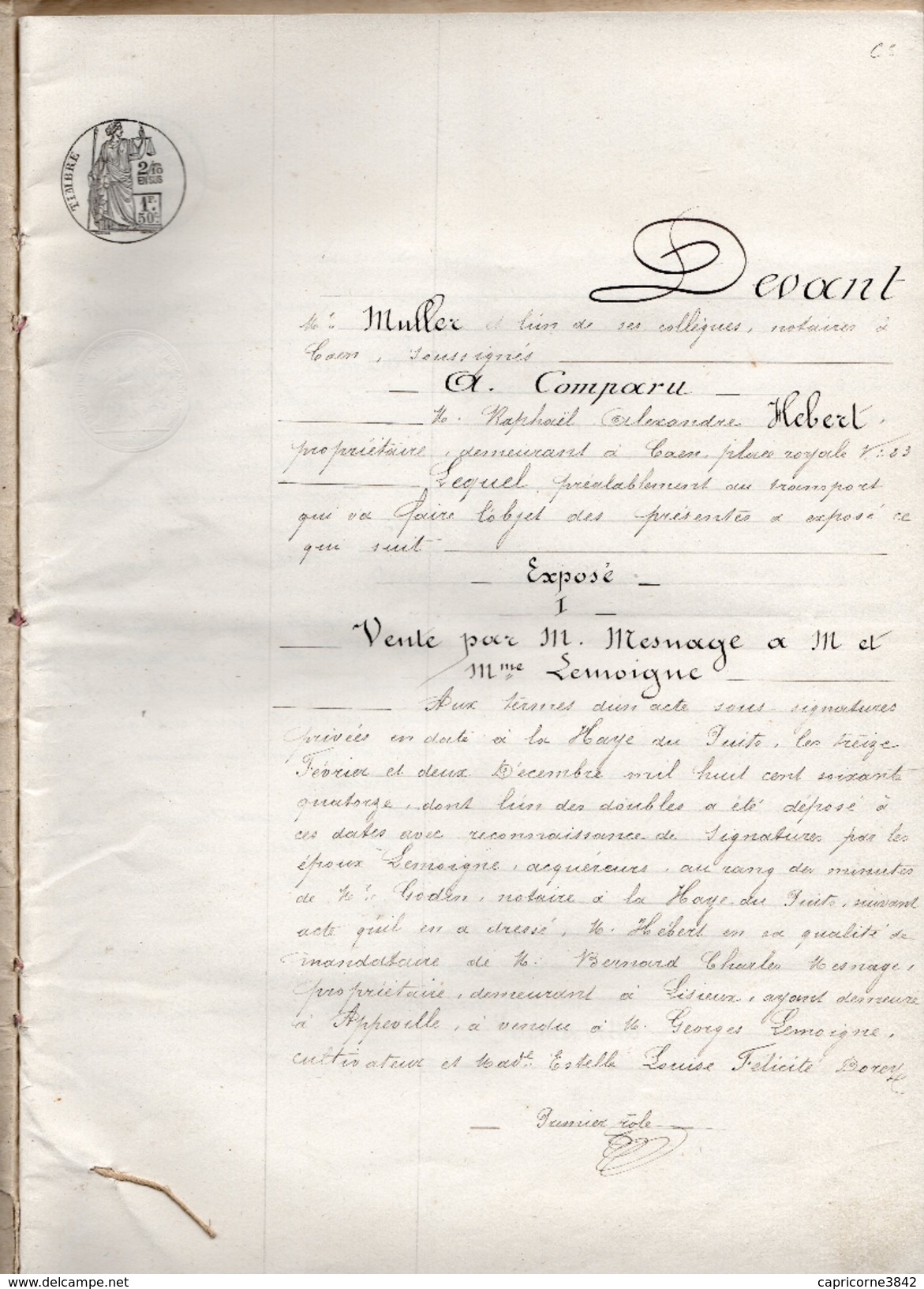 1875- Acte Notarial (4 Pages) Cachet Taxe 1,50fr+tp à Sec Et Additif Avec 8 Tp Fiscaux Type "Chiffres" De Oudiné 1fr2/10 - Other & Unclassified