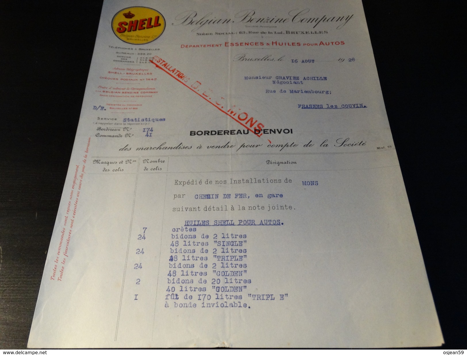 SHELL Belgian Benzine Company - Document Du 16/08/1928 - Automobil