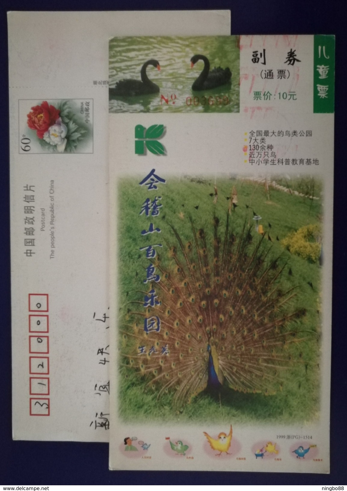 China 1999 Keujishan Bird Garden Admission Ticket Pre-stamped Card Green Peacock - Peacocks