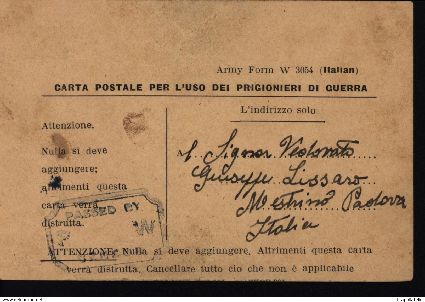 Carta Postal Prigionieri Di Guerra Italien Par Les Anglais Censure Anglaise Seconda Guerra Mondiale - Anglo-Amerik. Bez.: Naples