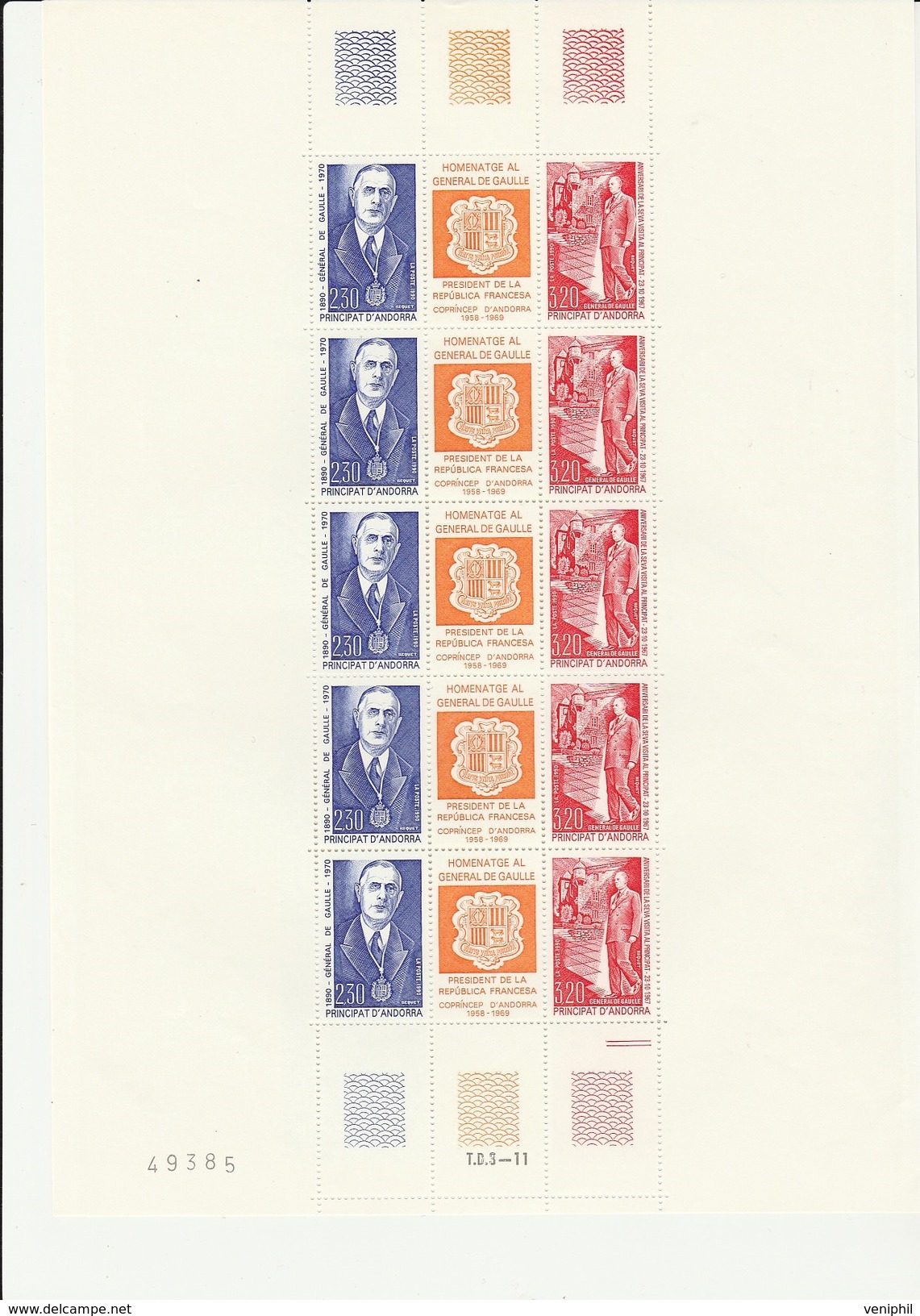 ANDORRE -N° 225 A TRIPTYQUE DE GAULLE - FEUILLE COMPLETE  DE 5 EXEMPLAIRES - TTB -COTE : 31&euro; - Neufs