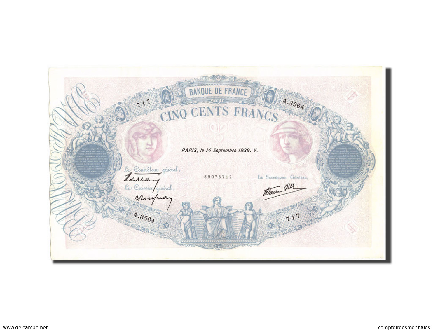 Billet, France, 500 Francs, 500 F 1888-1940 ''Bleu Et Rose'', 1939, 1939-09-14 - 500 F 1888-1940 ''Bleu Et Rose''