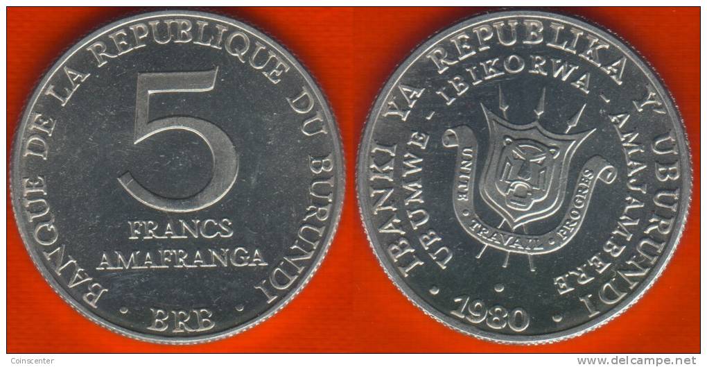 Burundi 5 Francs 1980 Km#20 UNC - Burundi