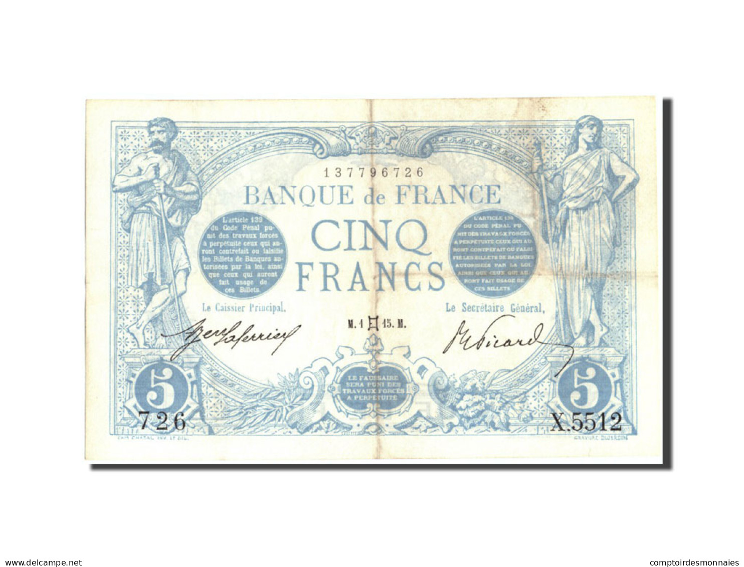 Billet, France, 5 Francs, 5 F 1912-1917 ''Bleu'', 1915, 1915-05-01, TTB+ - 5 F 1912-1917 ''Bleu''