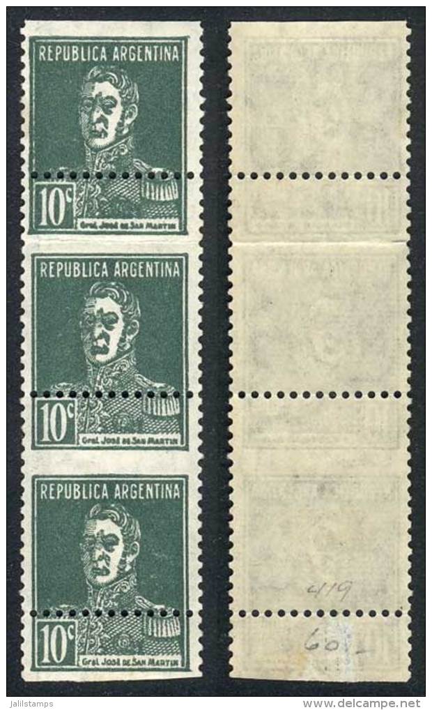 GJ.710, 1931 10c. San Mart&iacute;n, Typographed, Strip Of 3 With Variety: Strongly Shifted Perforation! - Andere & Zonder Classificatie