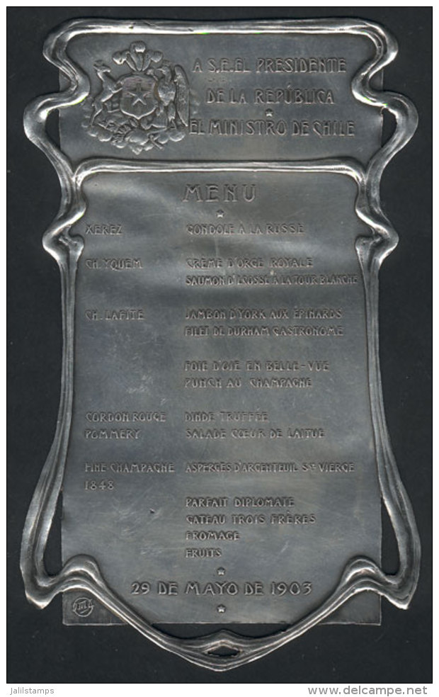 Menu Embossed On SILVER, Reception Organized By The Embassador Of Chile In Buenos Aires In Honor Of The President... - Chile