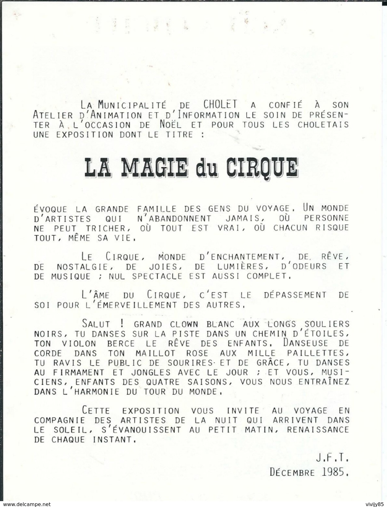 49 - CHOLET - T.Belle Affiche 14.8 Cm X 21 Cm " Magie Du Cirque " Noêl à Cholet - 9/12/85-05/01/86 - Otros & Sin Clasificación