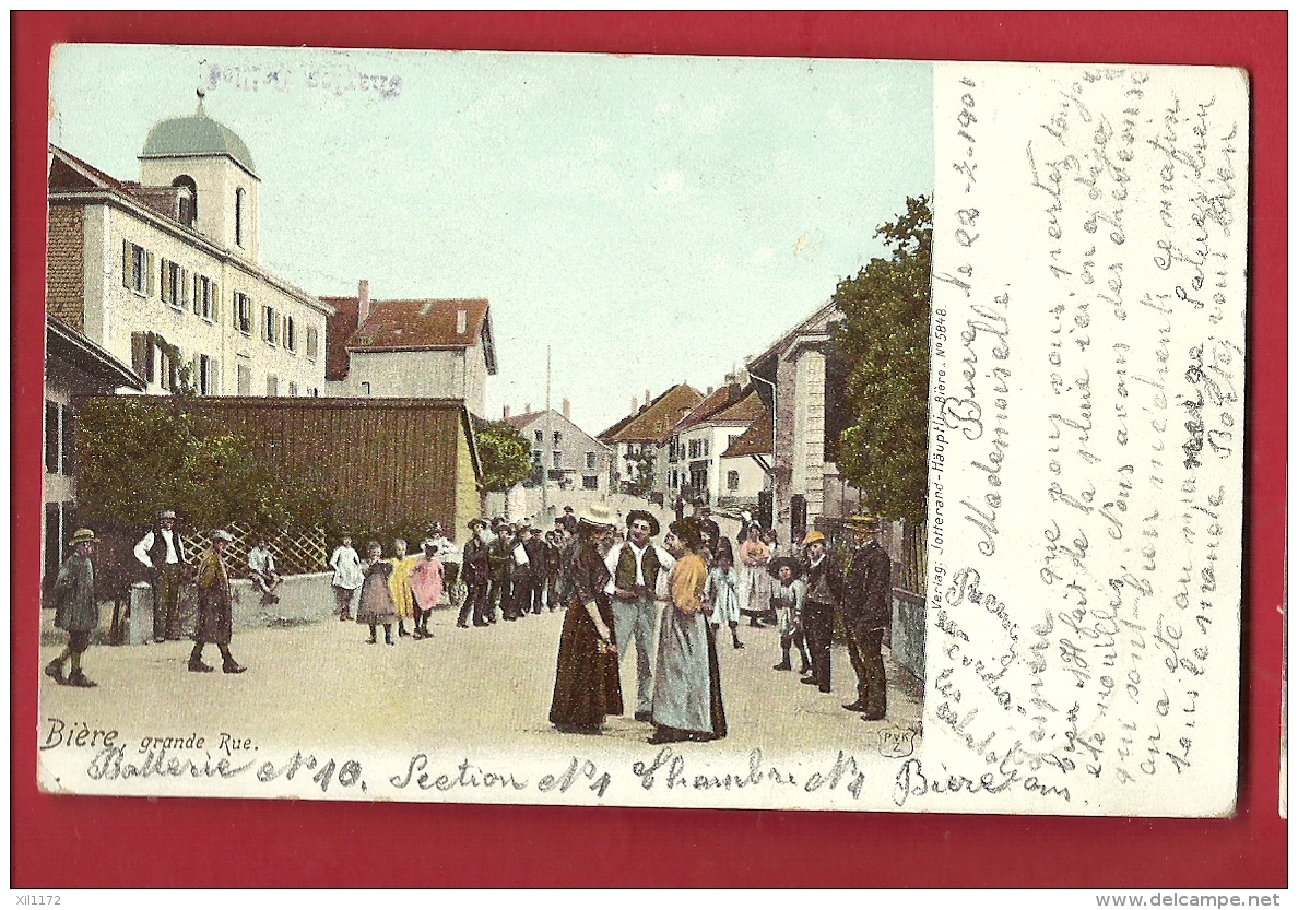 PRI-12  Bière, Grande Rue. TRES ANIME. Précurseur. Cachet 1902 Pour La Chaux-de-Fonds - Bière