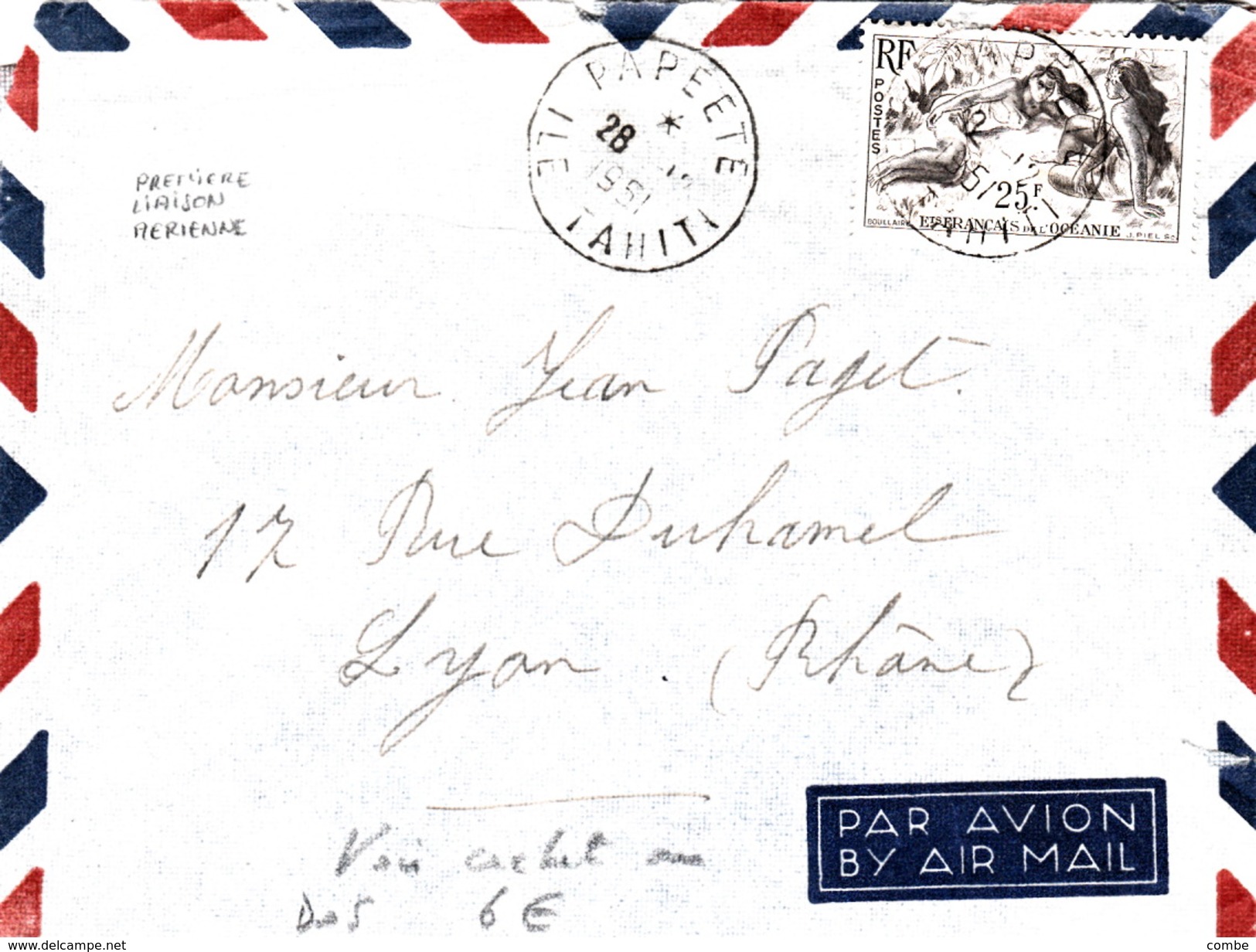 LETTRE PAR AVION  PAPEETE TAHITI POUR LA FRANCE 28.12.1951.  PREMIERE LIAISON PAPEETE-AUCKLAND - Covers & Documents