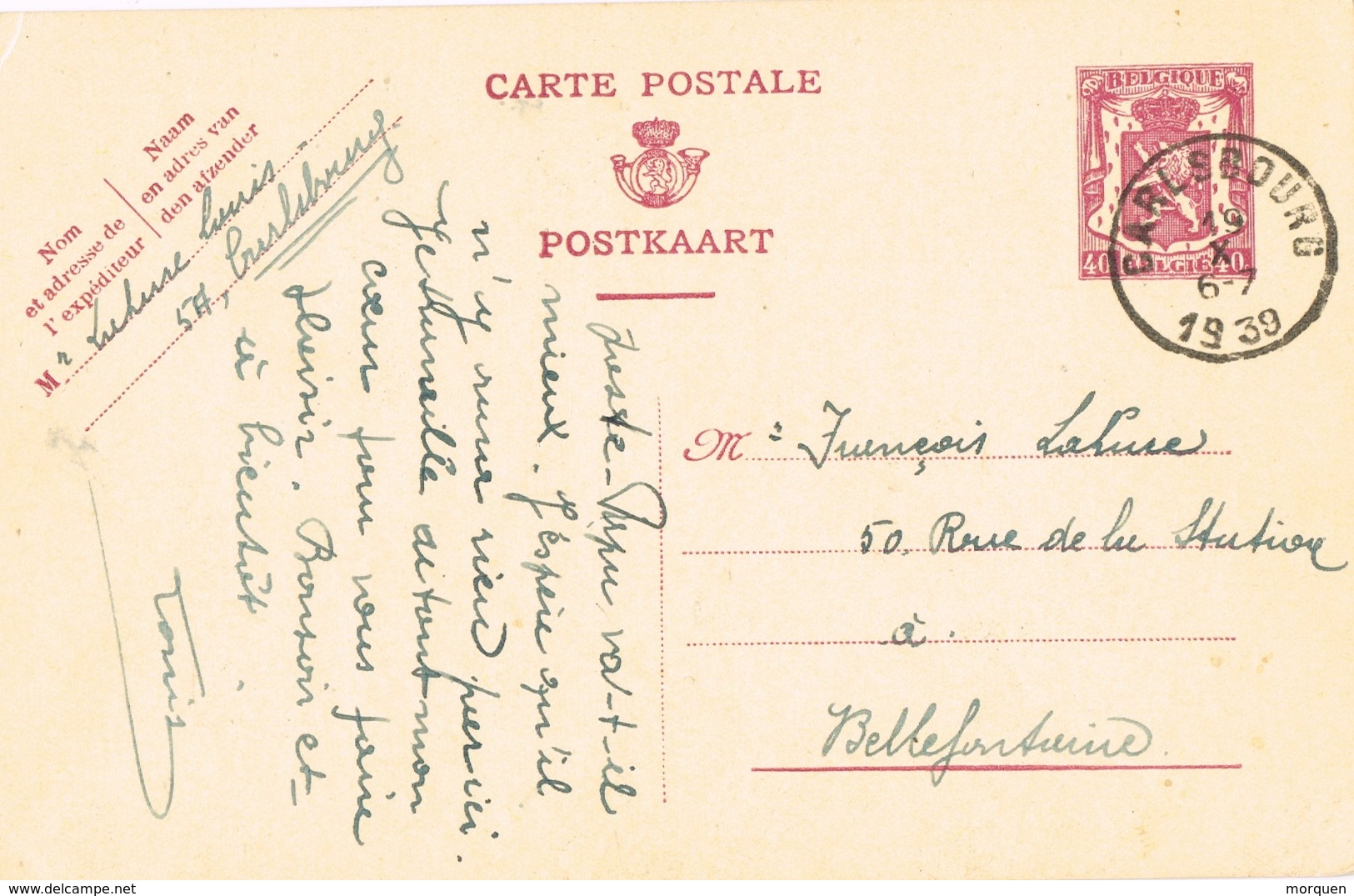 21056. Entero Postal CARLSBOURG (belgien) 1939 A Nellefontaine - International Reply Coupons