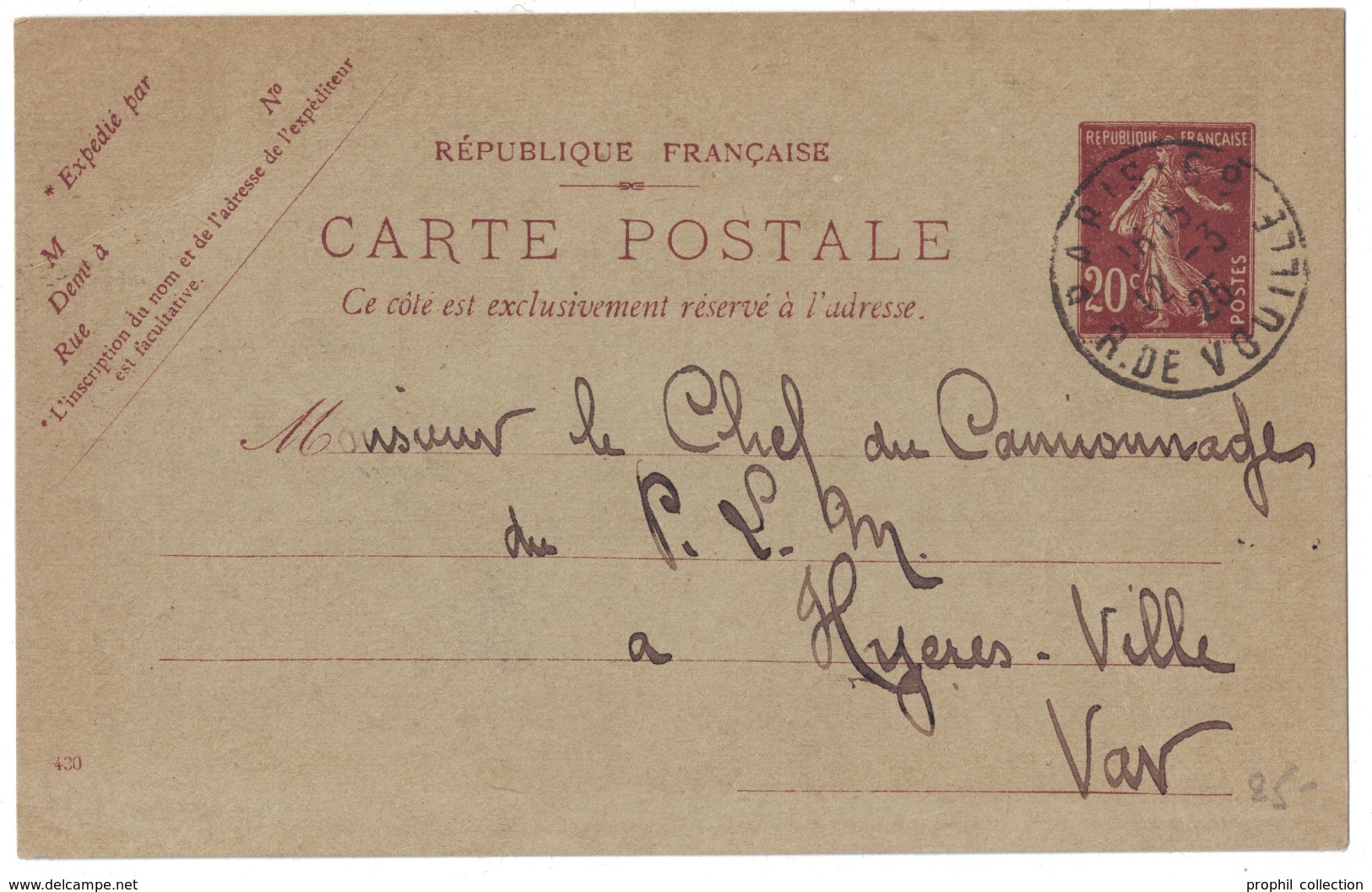 REPIQUAGE JOMAIN DE PARIS Sur ENTIER POSTAL CARTE POSTALE SEMEUSE 20c (DATE 430) CIRCULÉE 1925 CAD PARIS VOUILLE - Postales  Transplantadas (antes 1995)