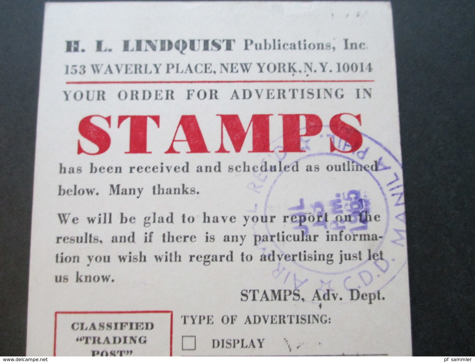 USA 1965 H.L. Lindquist. Zeitung Stamps. Briefmarkenzeitschrift - Covers & Documents