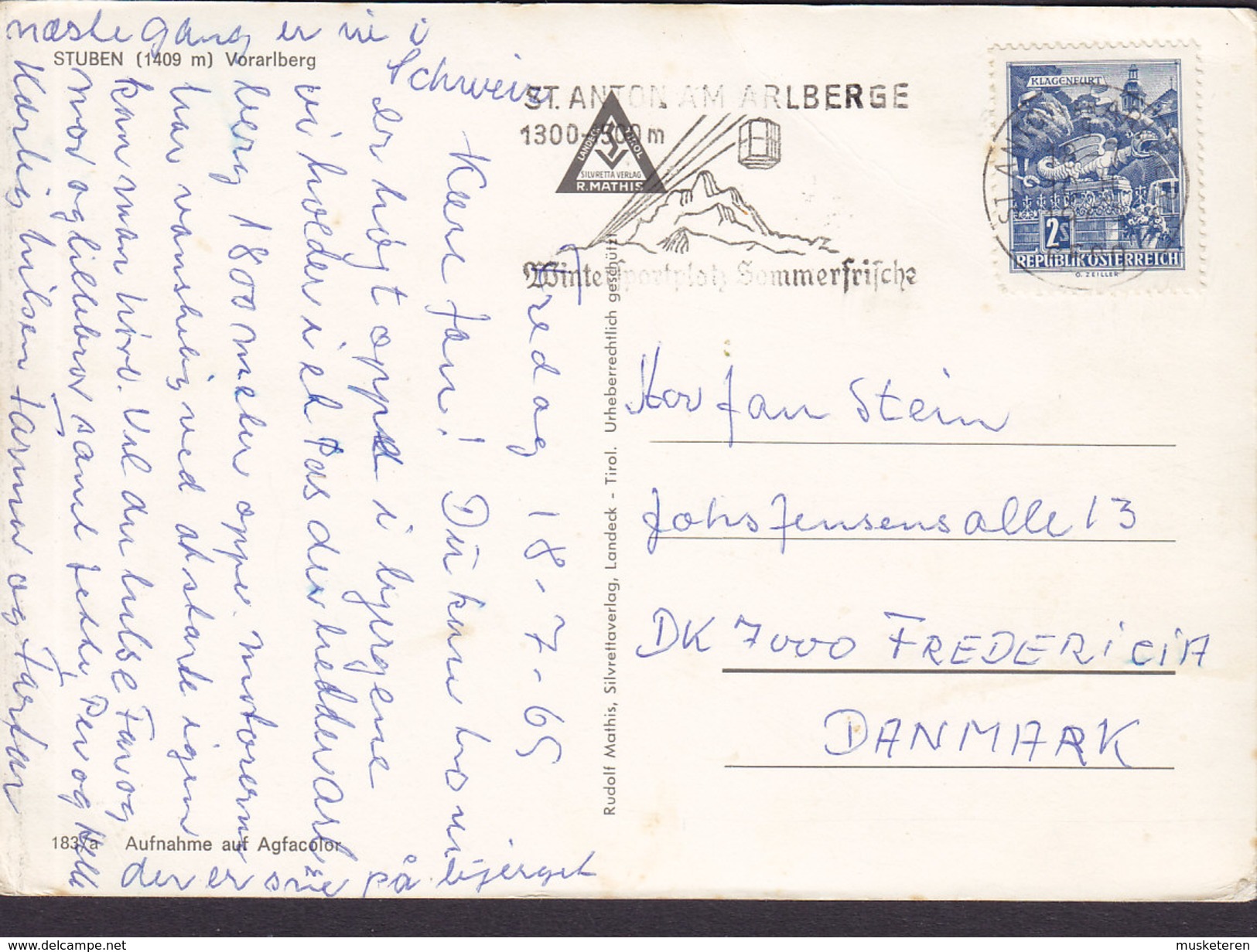 Austria PPC Stuben (1409 M) Voralberg Slogan Flamme ST. ANTON AM VORALBERGE 1965 To Denmark (2 Scan) - Stuben