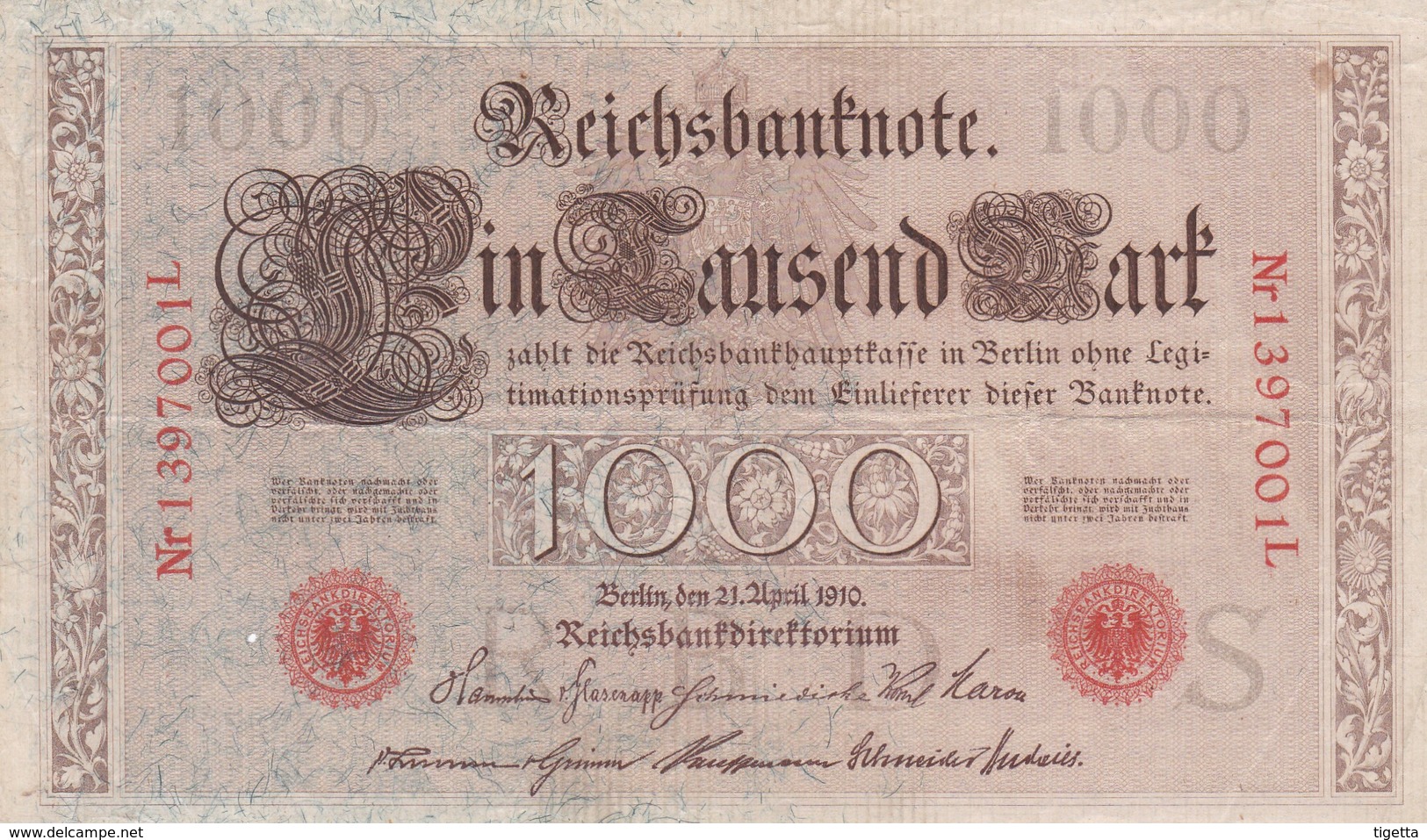 GERMANIA REICHSBANCONOTES  IMPERO TEDESCO  1000  MARK 1910 CIRCOLATA - 1000 Mark