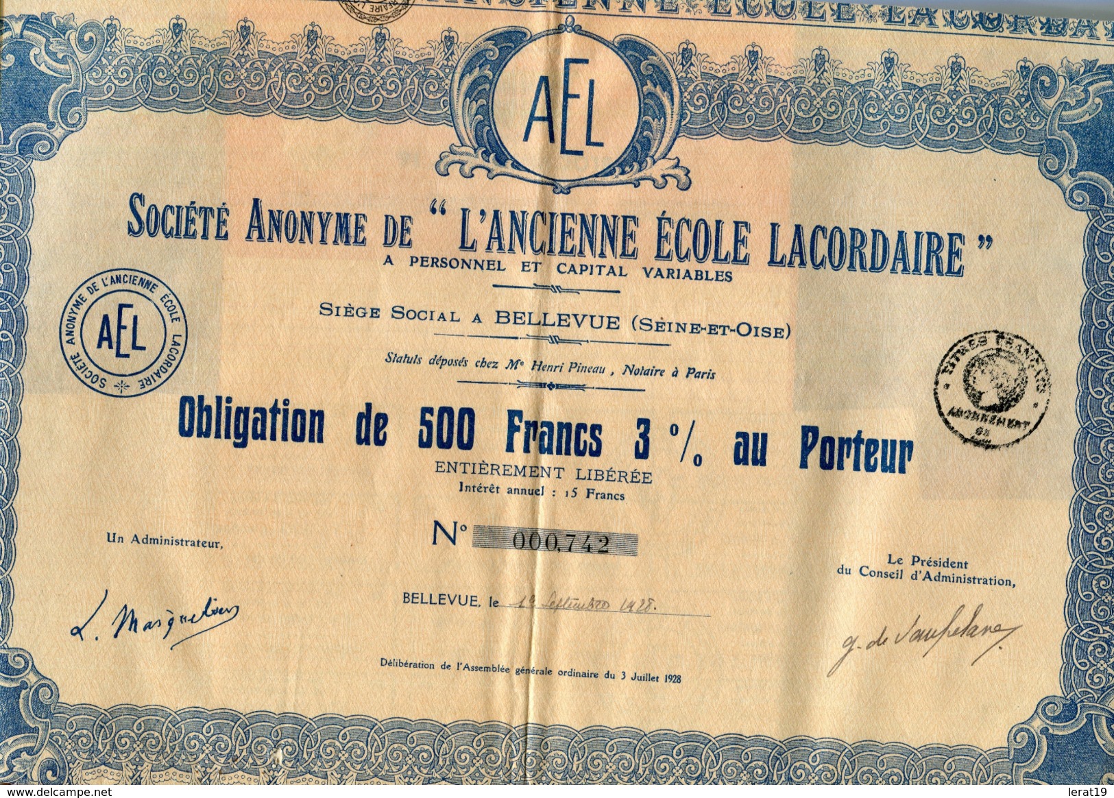 ACTIONS...TITRES...RARE...OBLIGATIONDE 500..FRS...1928...L'ANCIENE ECOLE LACORDAIRE Pas De Tirages - D - F