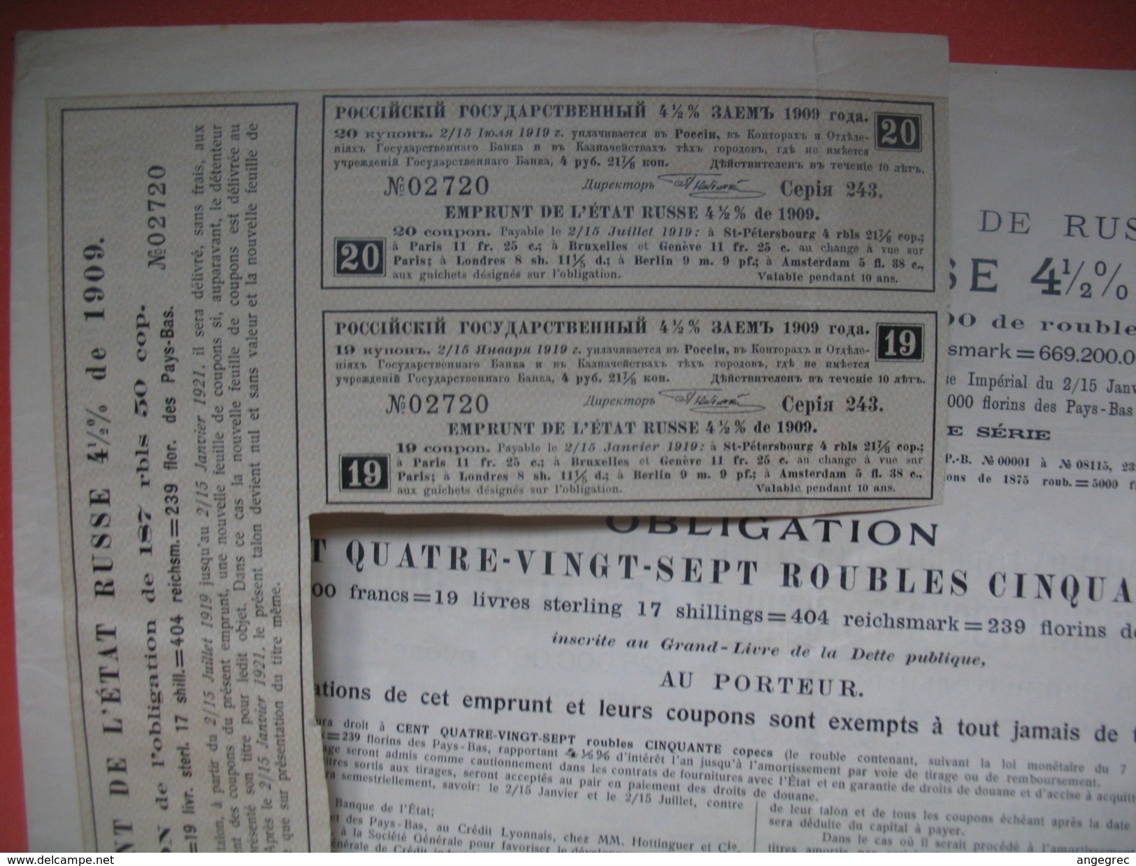 Emprunt De L'Etat Russe De 4 1/2 % De 1909, N°  07514 / 02720 - Rusland