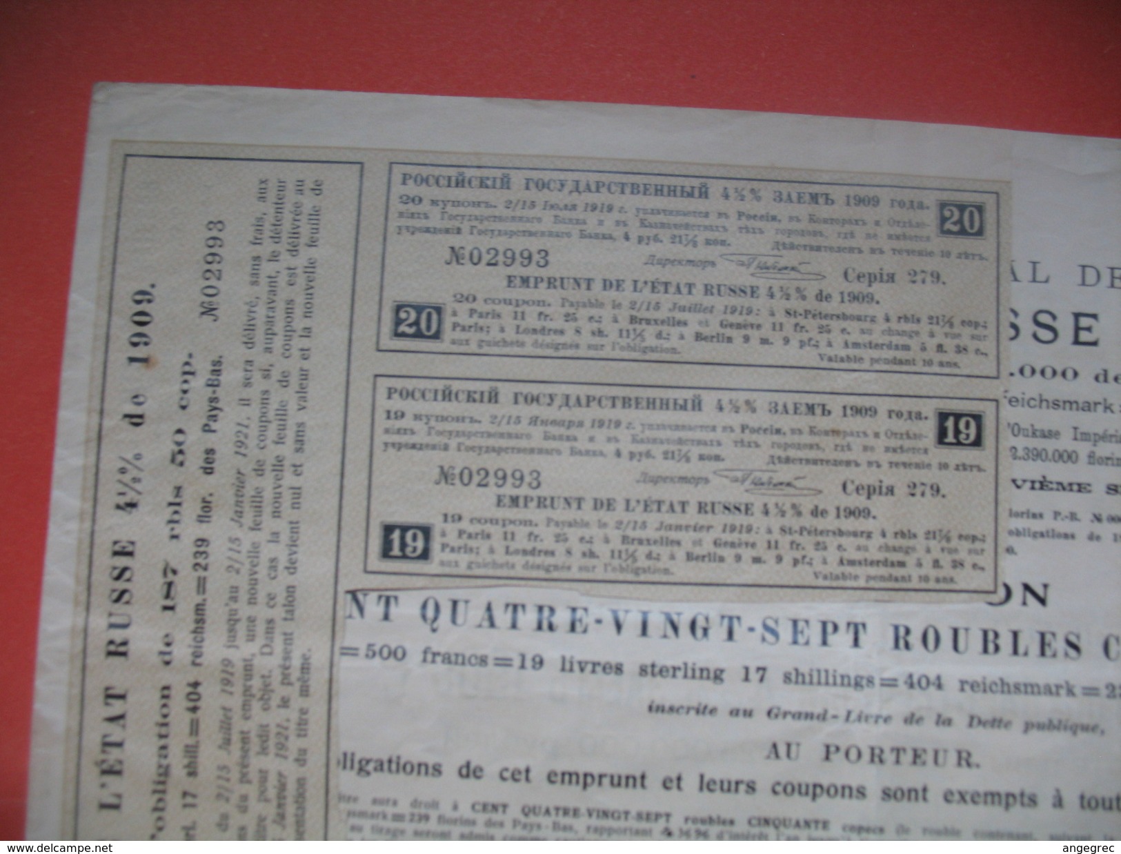 Emprunt De L'Etat Russe De 4 1/2 % De 1909, N°  02993 / 04663 - Rusland