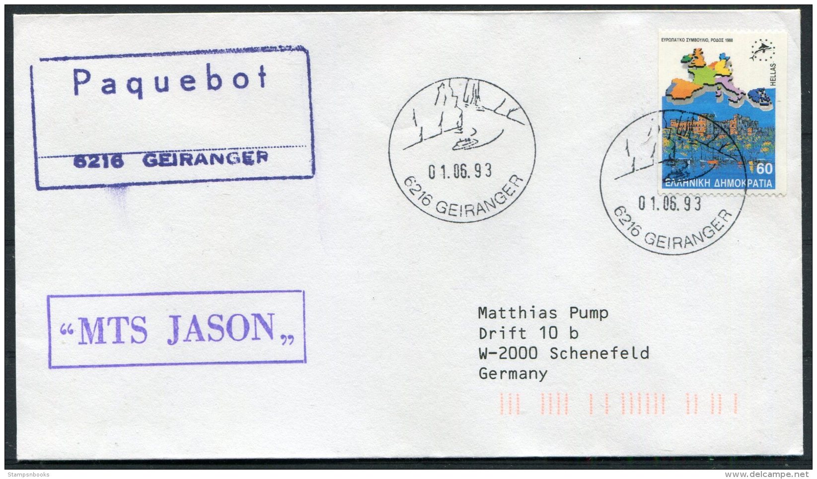 1993 Greece MTS JASON Ship Cover. Geiranger Norway Paquebot - Lettres & Documents