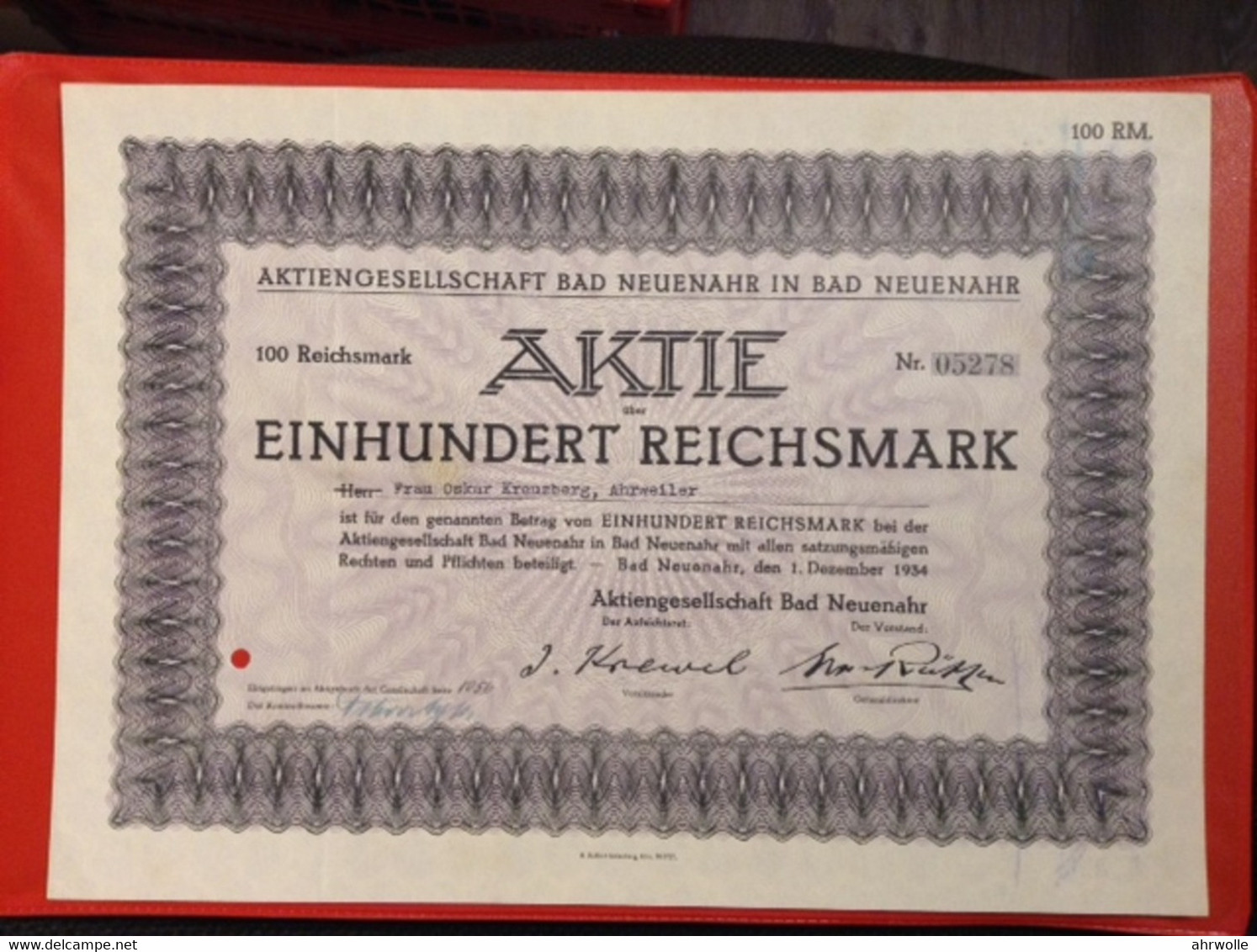 Aktie 100 Reichsmark Aktiengesellschaft Bad Neuenahr 1934 Kur AG - Tourismus