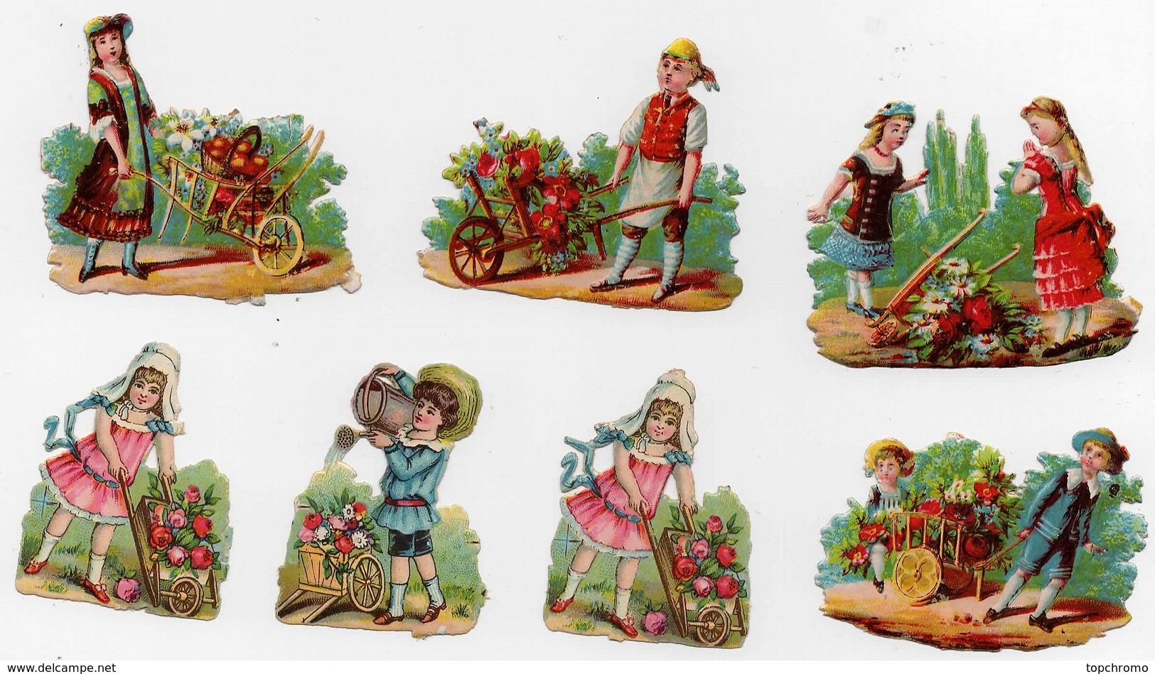 Petite CHROMO Découpis Gaufrée Enfant Fille Garçon Fleurs Brouette Chariot Arrosoir (7 Chromos) - Animaux