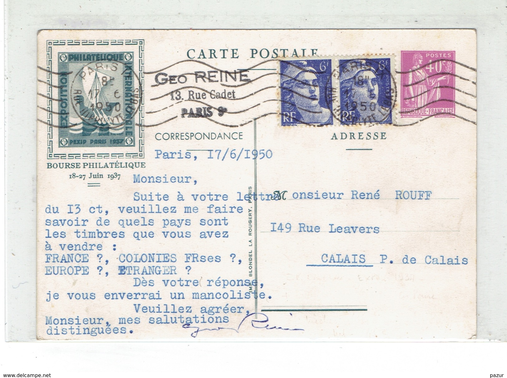 ENTIER - CP EXPO 1937 + GANDON N° 720 ET 720 B PAIRE - VARIETE MECHES RELIEES - Lettres & Documents