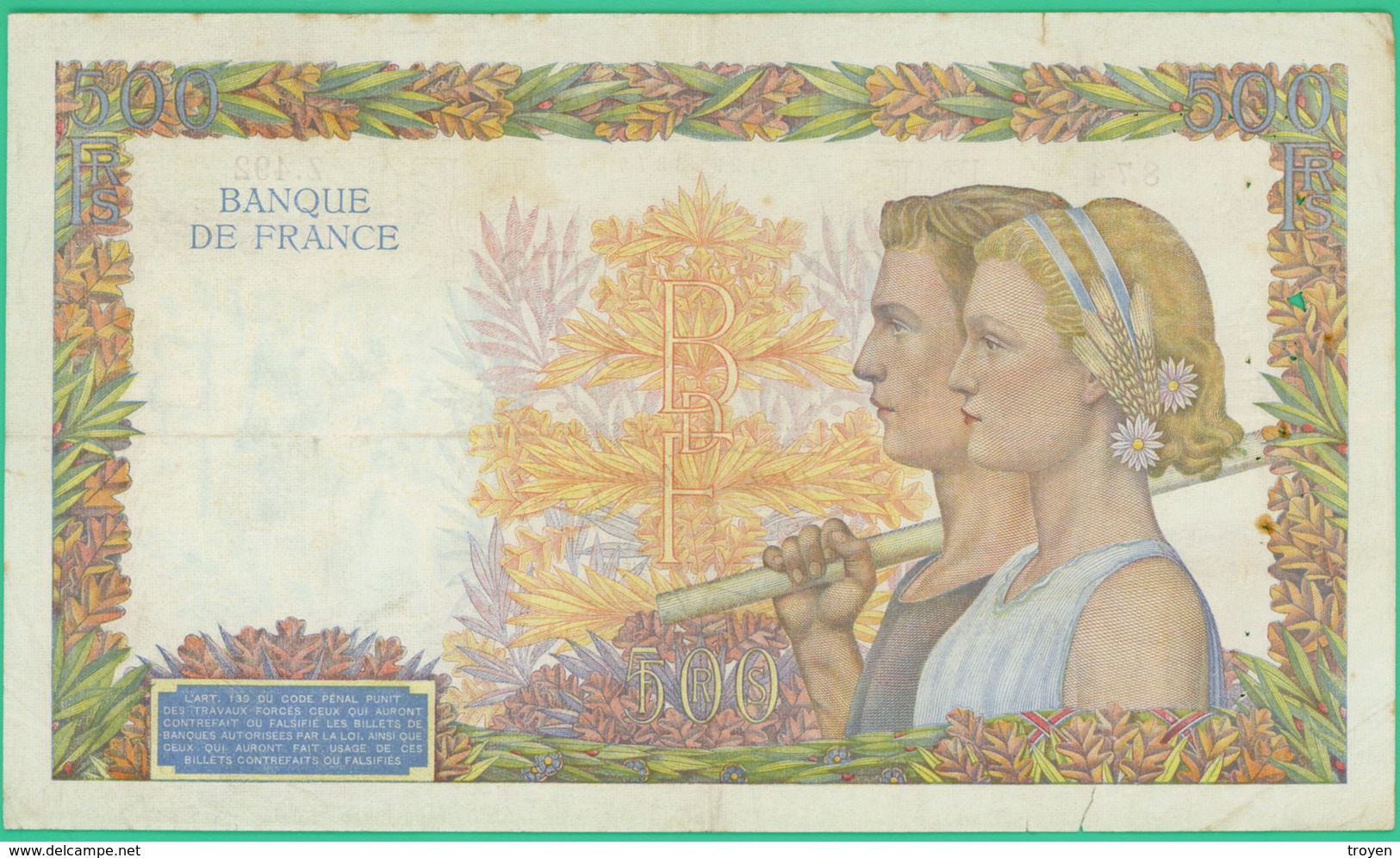 500 Francs  La Paix - France - N° Z.492 874 - BM.20-6-1940.BM. - TB+ - - 500 F 1940-1944 ''La Paix''