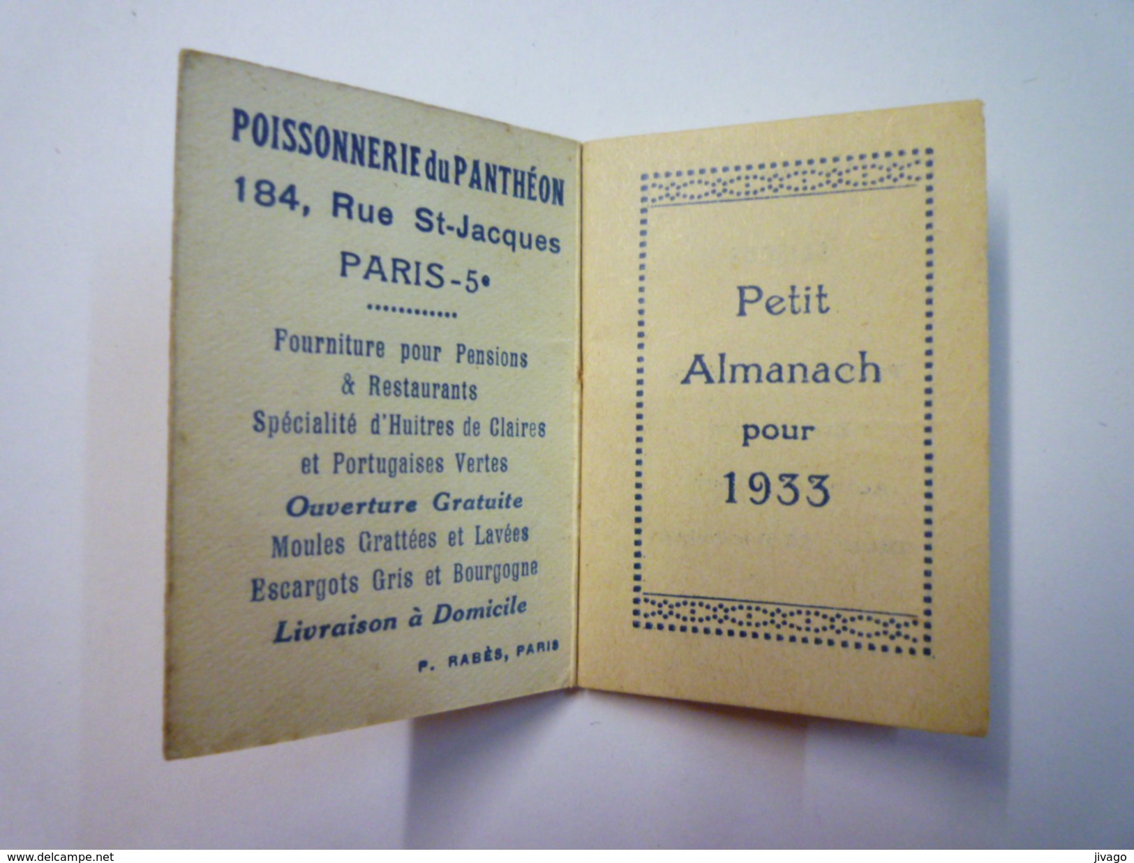 MINI  CALENDRIER  PUB  1933  POISSONNERIE Du PANTHEON  Paris  (format  3,8 X 5,5cm)   - Klein Formaat: 1921-40