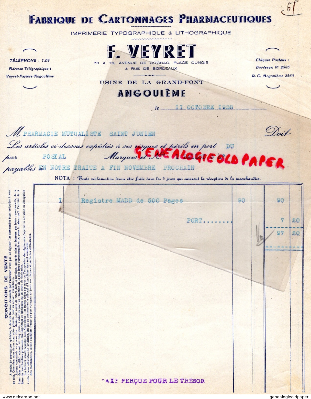 16 - ANGOULEME - FACTURE F. VEYRET -FABRIQUE CARTONNAGES PHARMACEUTIQUES-CARTONNERIE- IMPRIMERIE-USINE GRAND-FONT-1938 - Druck & Papierwaren