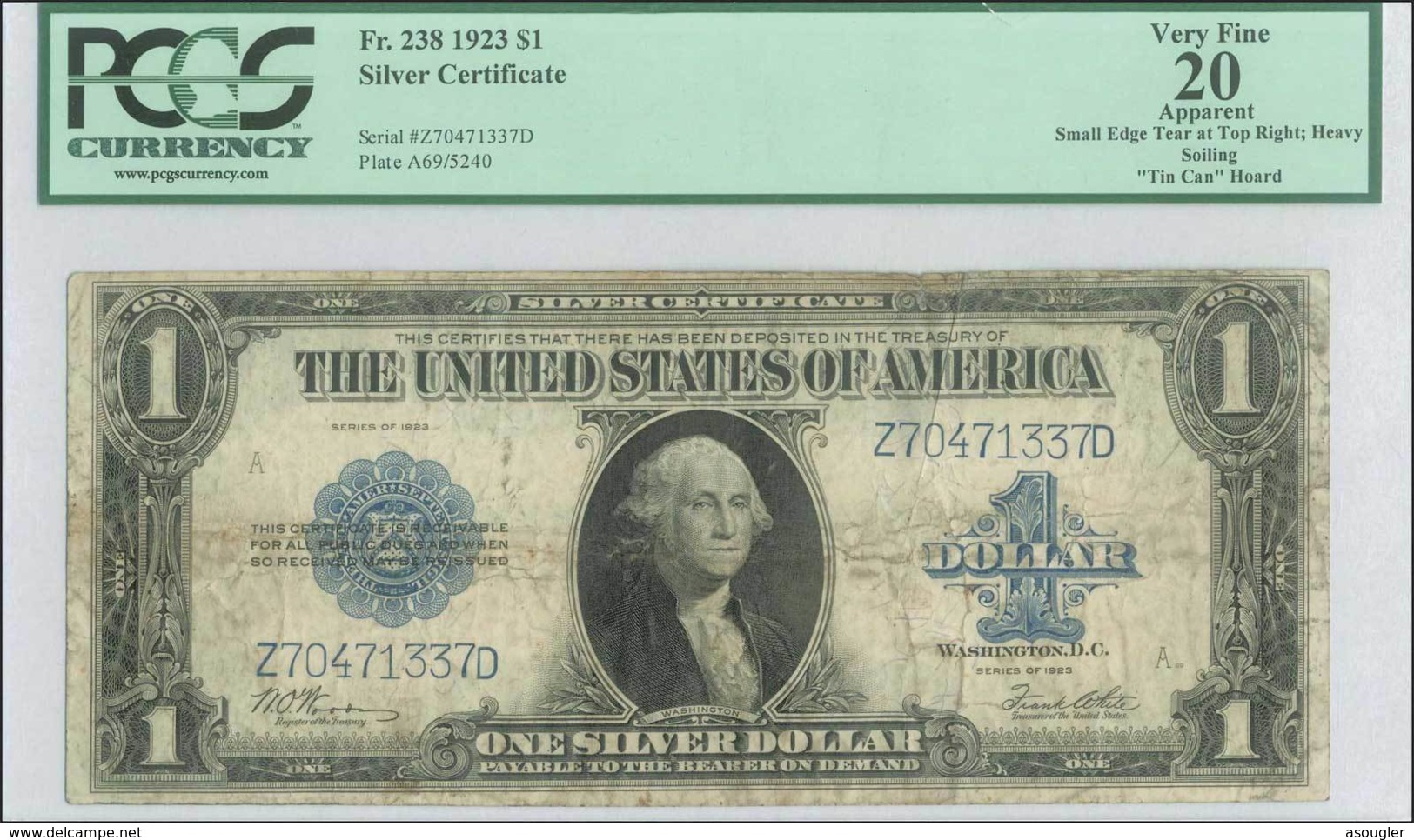 USA 1 DOLLAR $ 1923 SILVER CERTIFICATE PCGS VF-20 "free Shipping Via Registered Air Mail." - Certificaten Van Zilver (1878-1923)