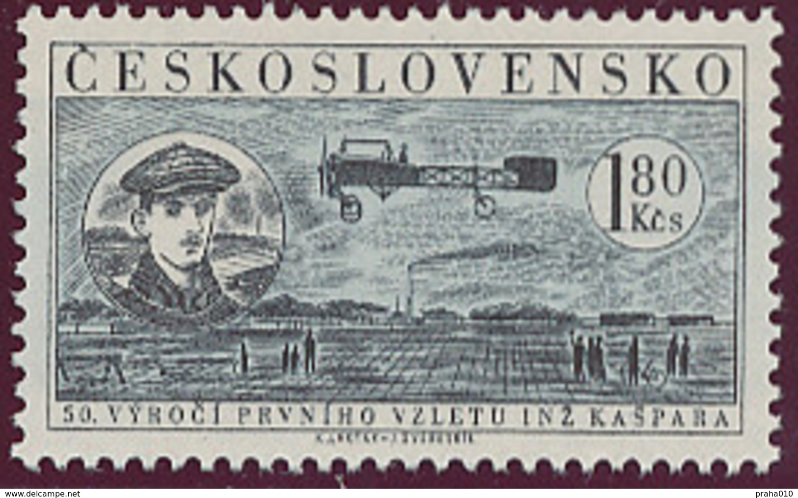 Czechoslovakia / Stamps (1959) L0045 (Air Mail Stamp): Flight 1911 - Jan Kaspar (1883-1927); Painter: Kamil Lhotak - Airmail