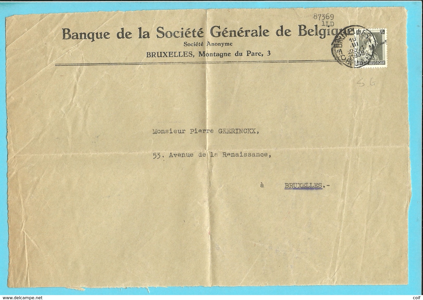 408 Op Brief (voorzijde) Stempel BRUXELLES, Met Firmaperforatie (perfin) "S.G." Van Banque Societe Generale De Belgique - 1934-51