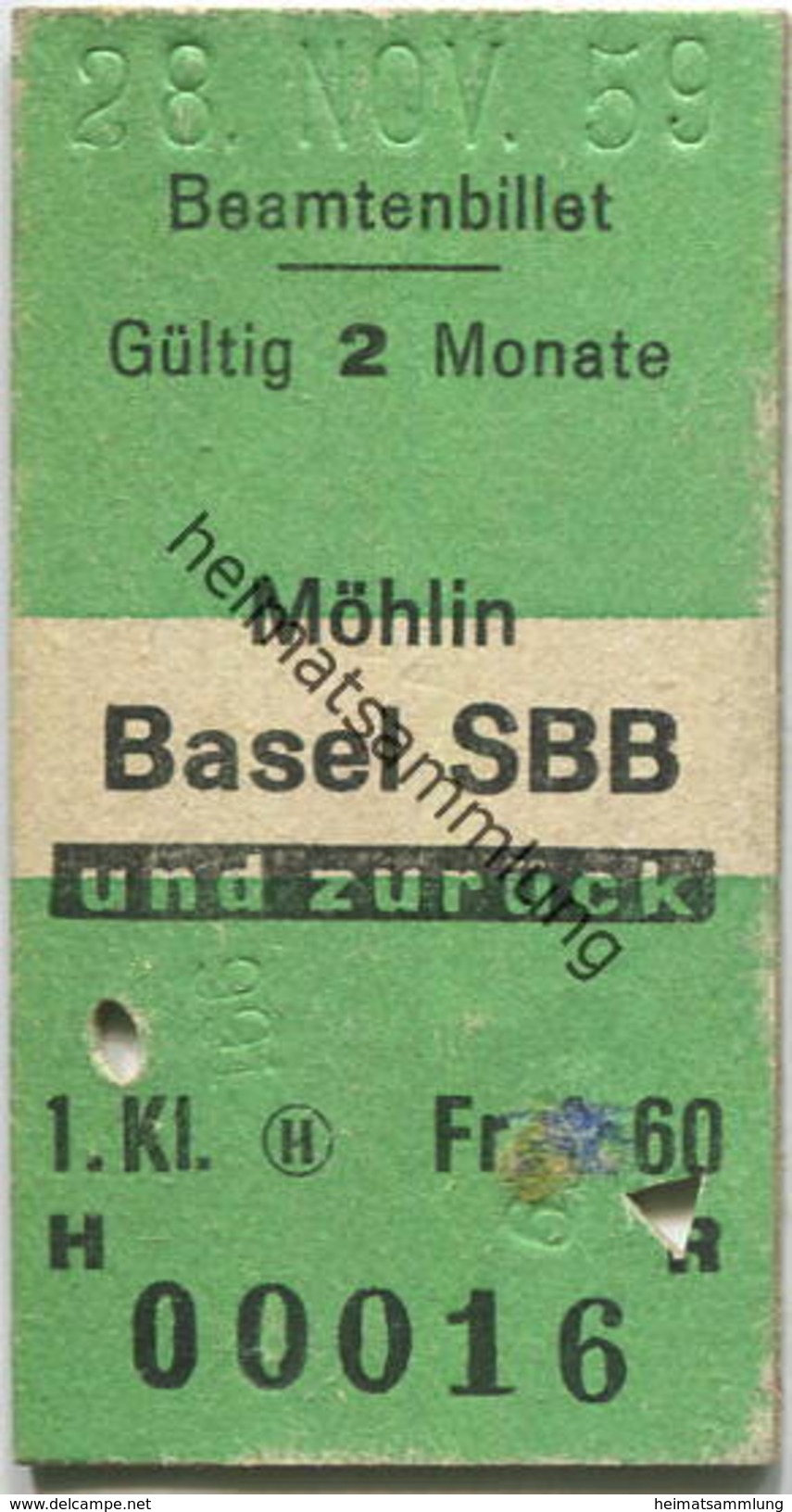 Schweiz - Beamtenbillet - Möhlin Basel SBB Und Zurück - Fahrkarte 1. Klasse 1959 - Europa