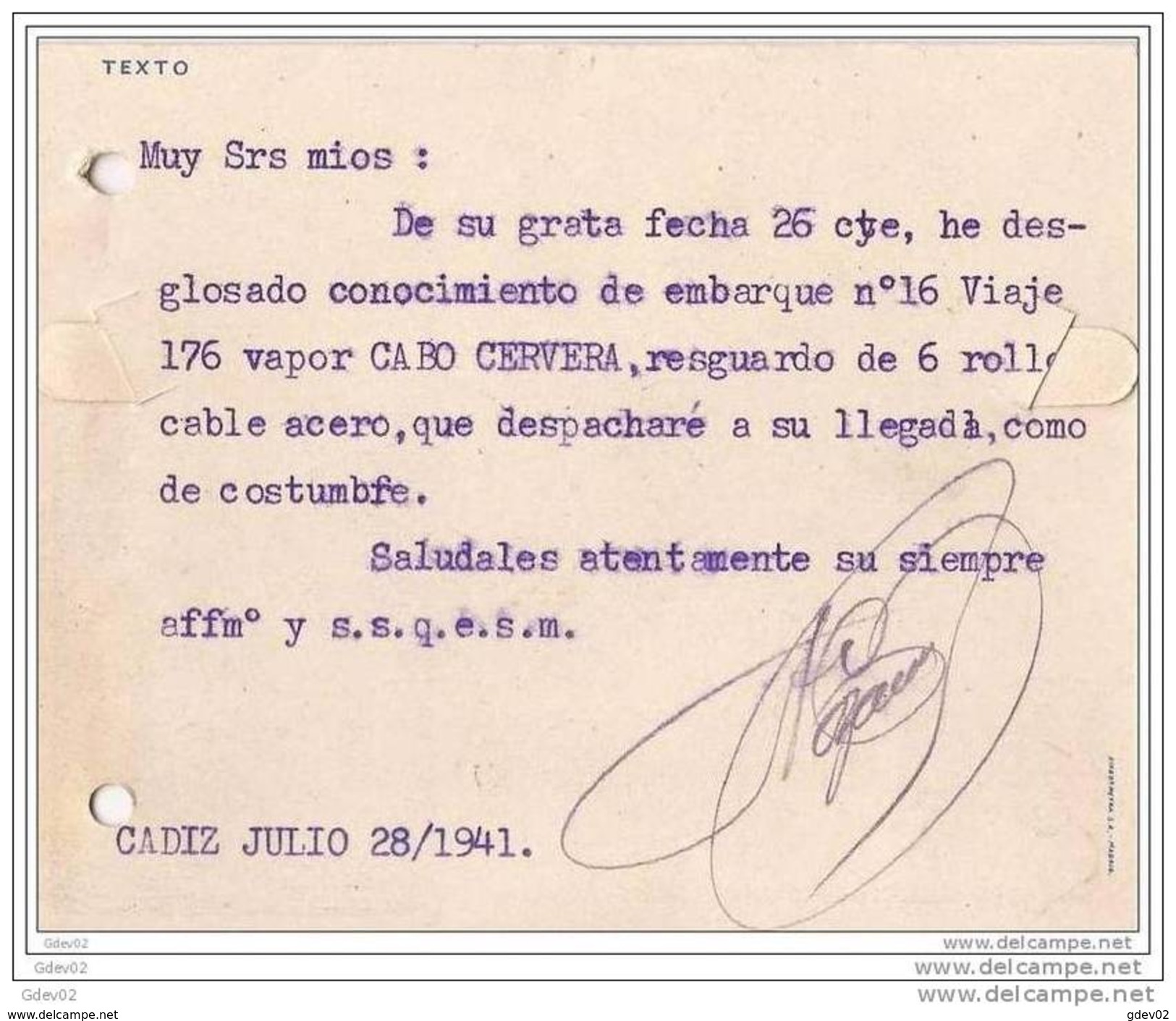 ESTA867-LT105TSI.CARTA TARJETA PUBLICITARIA Agente De Aduanas,DE CADIZ A PUERTO DE STA MARIA.1941,(Ed 867).MUY BONITA - Syndicats