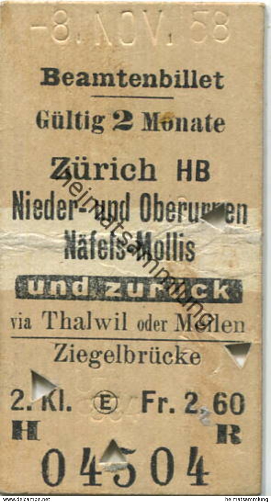 Schweiz - Beamtenbillet - Zürich HB Nieder- Und Oberurnen Näfels-Mollis Und Zurück - Fahrkarte 2. Kl. 1958 - Europe