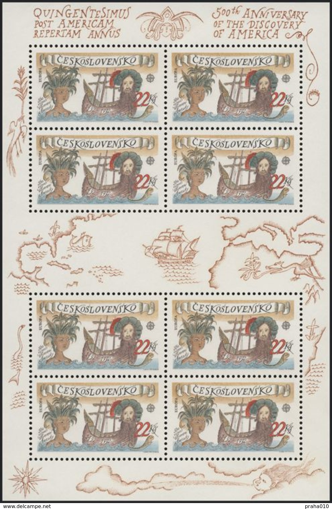 Czechoslovakia / Stamps (1992) 3006 A: 500th Anniversary Of The Discovery Of America (EUROPA / CEPT) Painter: Adolf Born - Indios Americanas