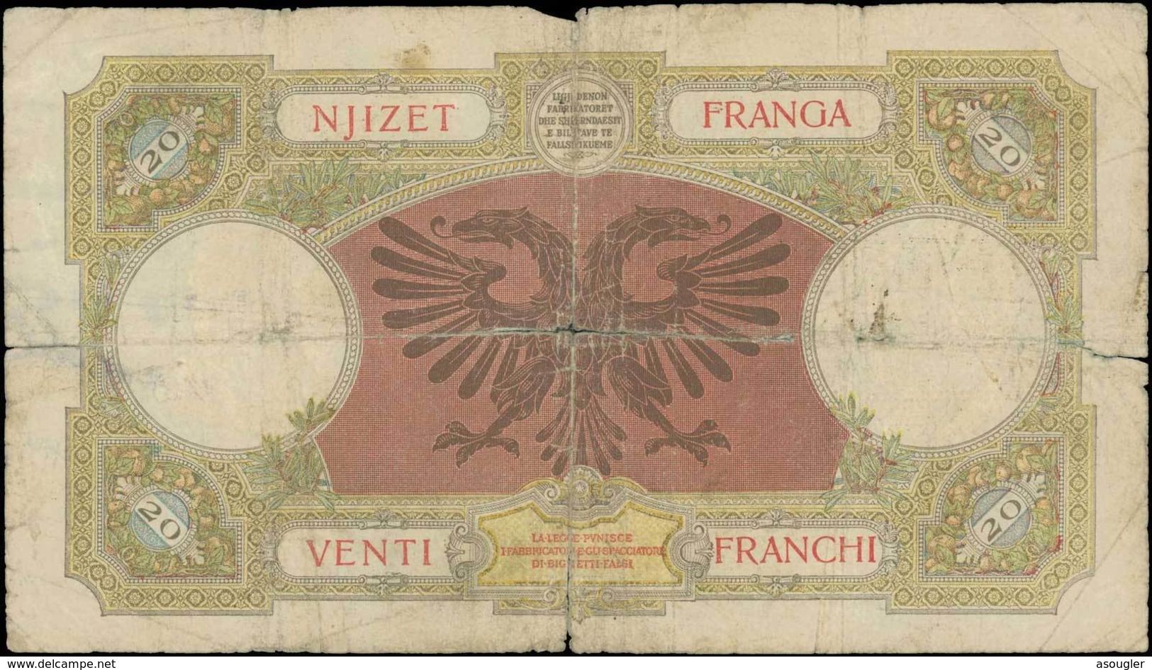 ALBANIA 20 Franka (ND 1945) (Pick 13). Poor - Albania