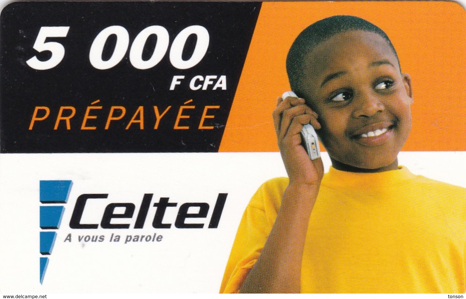 Gabon, GAB-CEL-021, Celtel, 5 000F CFA, Boy, 2 Scans. - Gabon