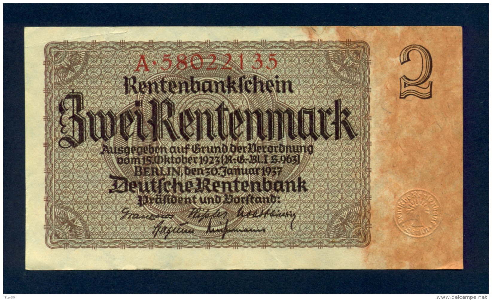 Banconota Germania 2 Rentenmark  30/1/1937 - Zu Identifizieren