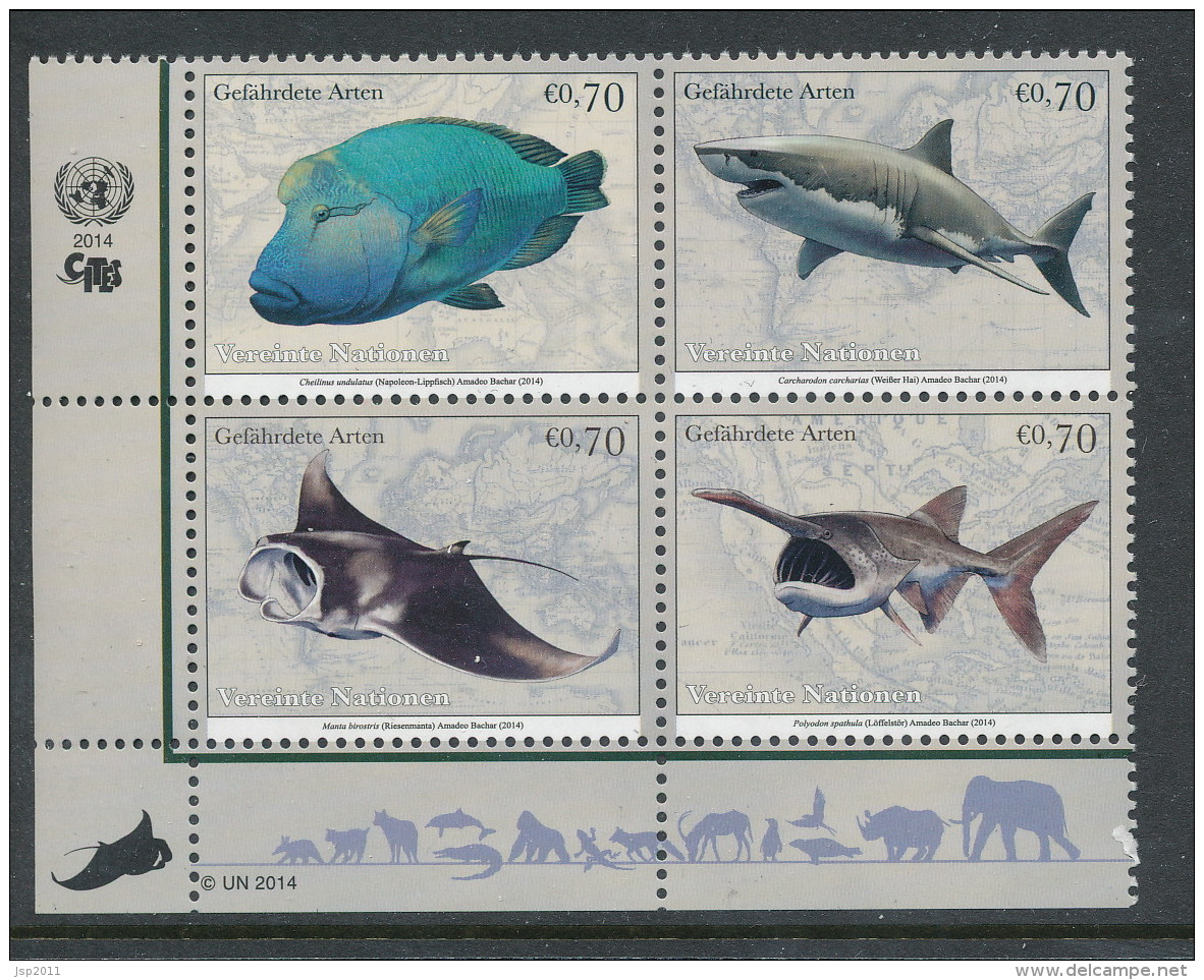 UN Vienna 2014. Cat # 553-556.  Endangered Species Block Of 4. MNH (**) - Neufs