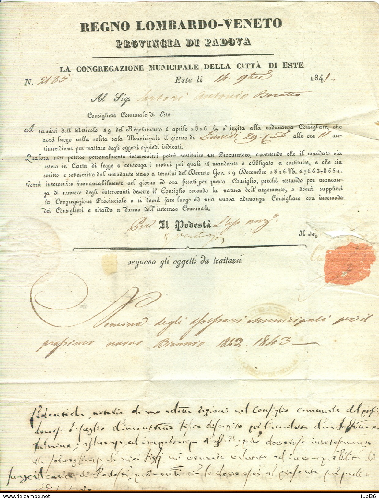 REGNO LOMBARDO VENETO-PROVINCIA PADOVA-CONGREGAZIONE MUNICIPALE ESTE,1841,CONSIGLIERE COMUNALE DI ESTE, - Lombardy-Venetia