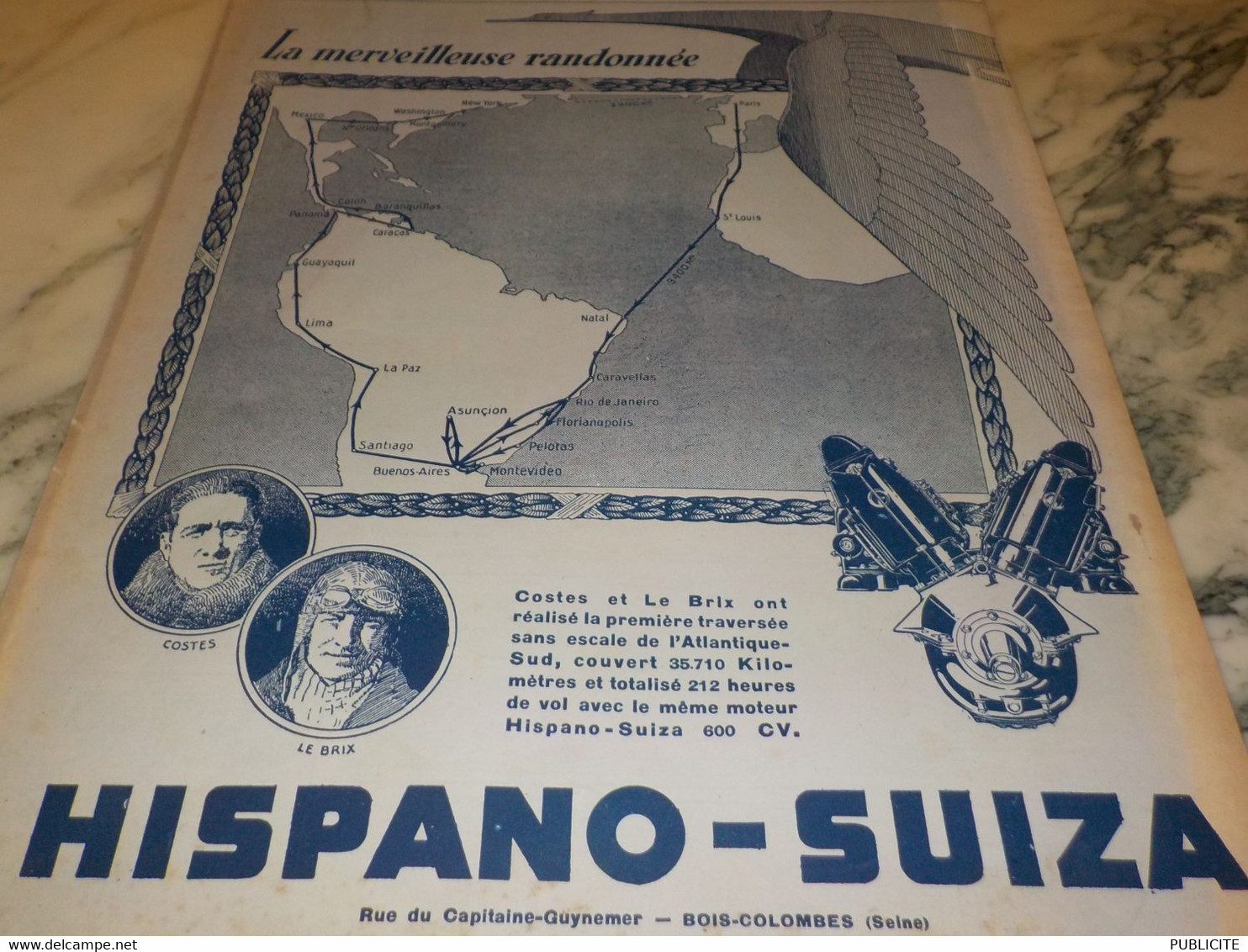 ANCIENNE PUBLICITE COSTE ET LE BRIX MOTEUR HISPANO SUIZA 1928 - Advertisements