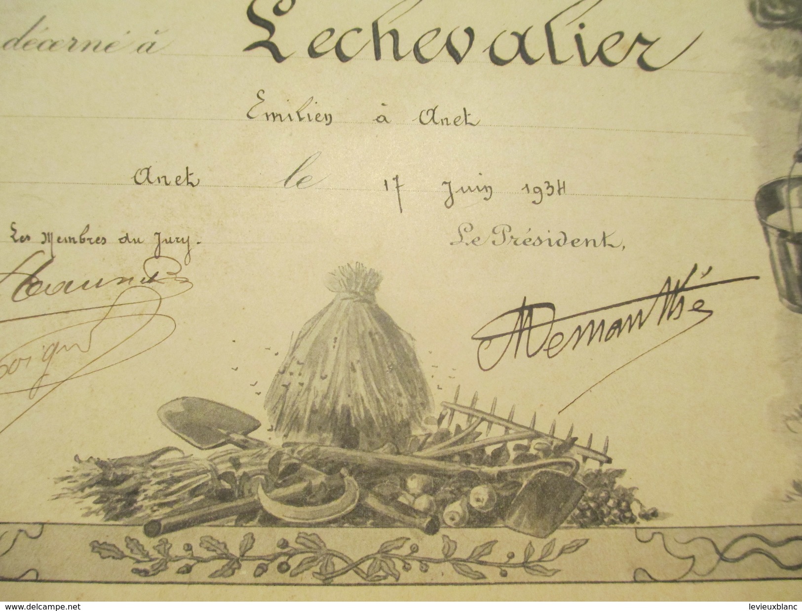 Diplôme D'Honneur/Comice Agricole/Arrondissement De DREUX/LECHEVALIER/Anet/Demantké/1934   DIP128 - Diploma's En Schoolrapporten