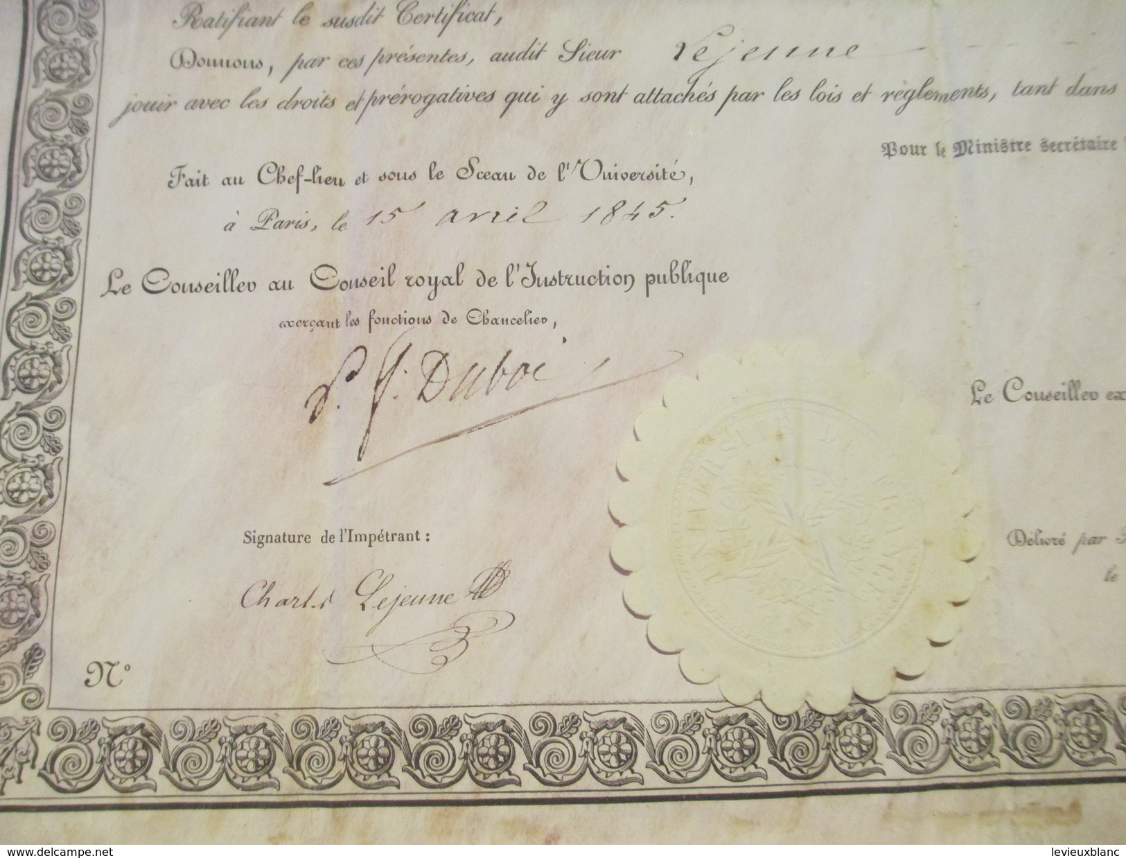 Diplôme Parchemin/Univers. De France/Bachelier Es Lettres/Recteur/ Académie D'Amiens/LEJEUNE/Louis-Philippe/1845  DIP146 - Diplome Und Schulzeugnisse