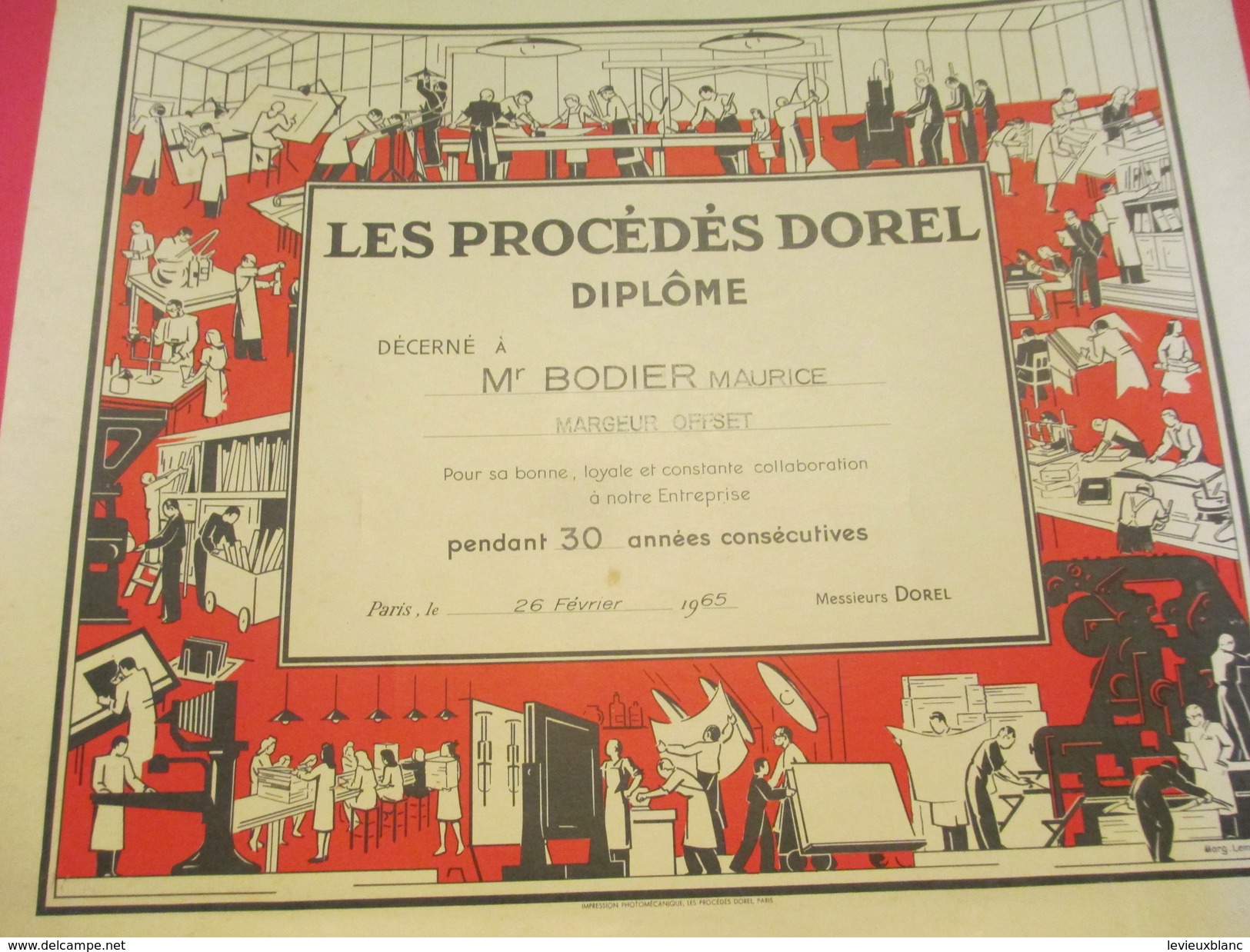 Diplôme/Les Procédés DOREL/ BODIER/ Margeur-Offset/30 Ans/Paris /1965         DIP178 - Diploma's En Schoolrapporten