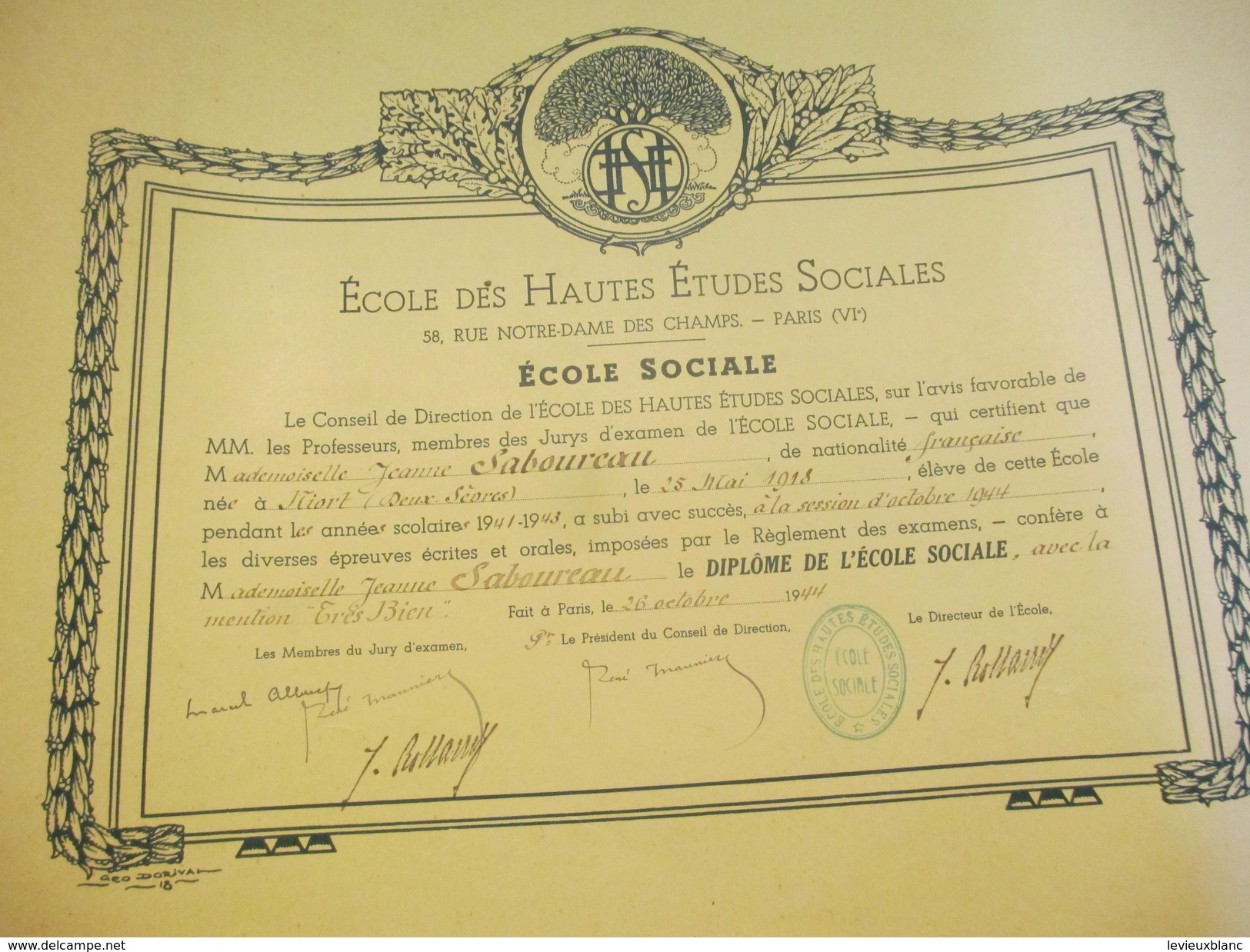 Diplôme/Ecole Hautes Etudes Sociales/rue Notre Dame Des Champs/Ecole Sociale/SABOUREAU/Niort/ Deux Sévres/1944    DIP200 - Diploma's En Schoolrapporten