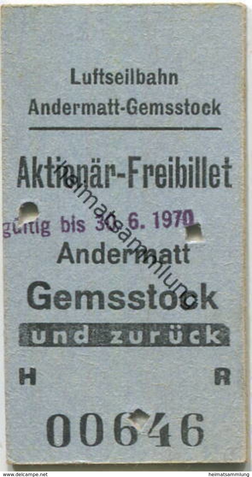 Schweiz - Luftseilbahn Andermatt Gemsstock - Aktionär-Freibillet Gültig Bis 30. 6. 1970 - Europe
